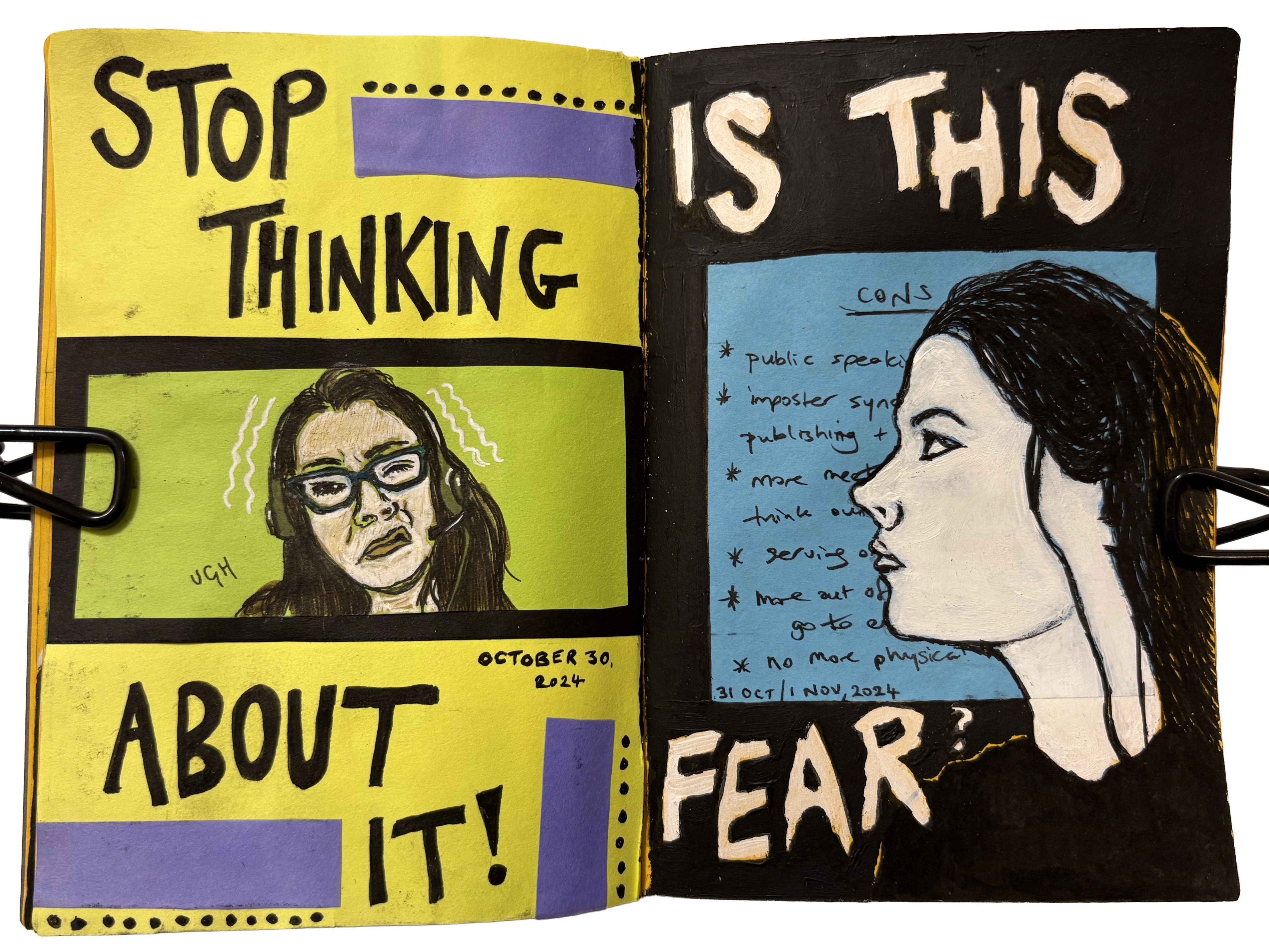 A mixed media art journal page with illustrations of myself looking worried and scared after an interview next to the words, Stop thinking about it! and Is this fear?