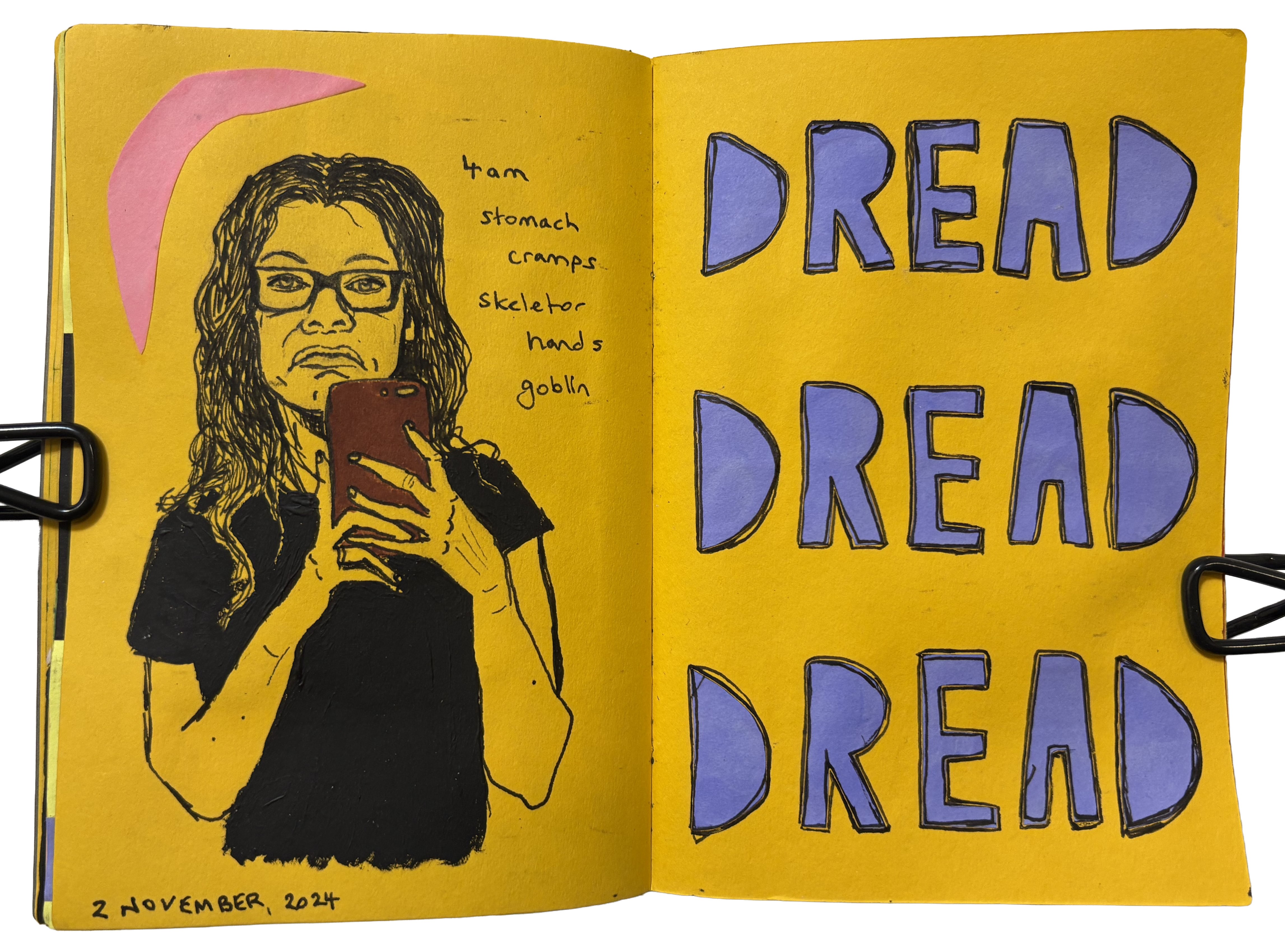 A mixed media art journal page with an illustration of myself taking a mirror self looking grumpy next to the words, 4am stomach cramps skeletor hands goblin. On the next page is collaged words in purple that say dread three times.
