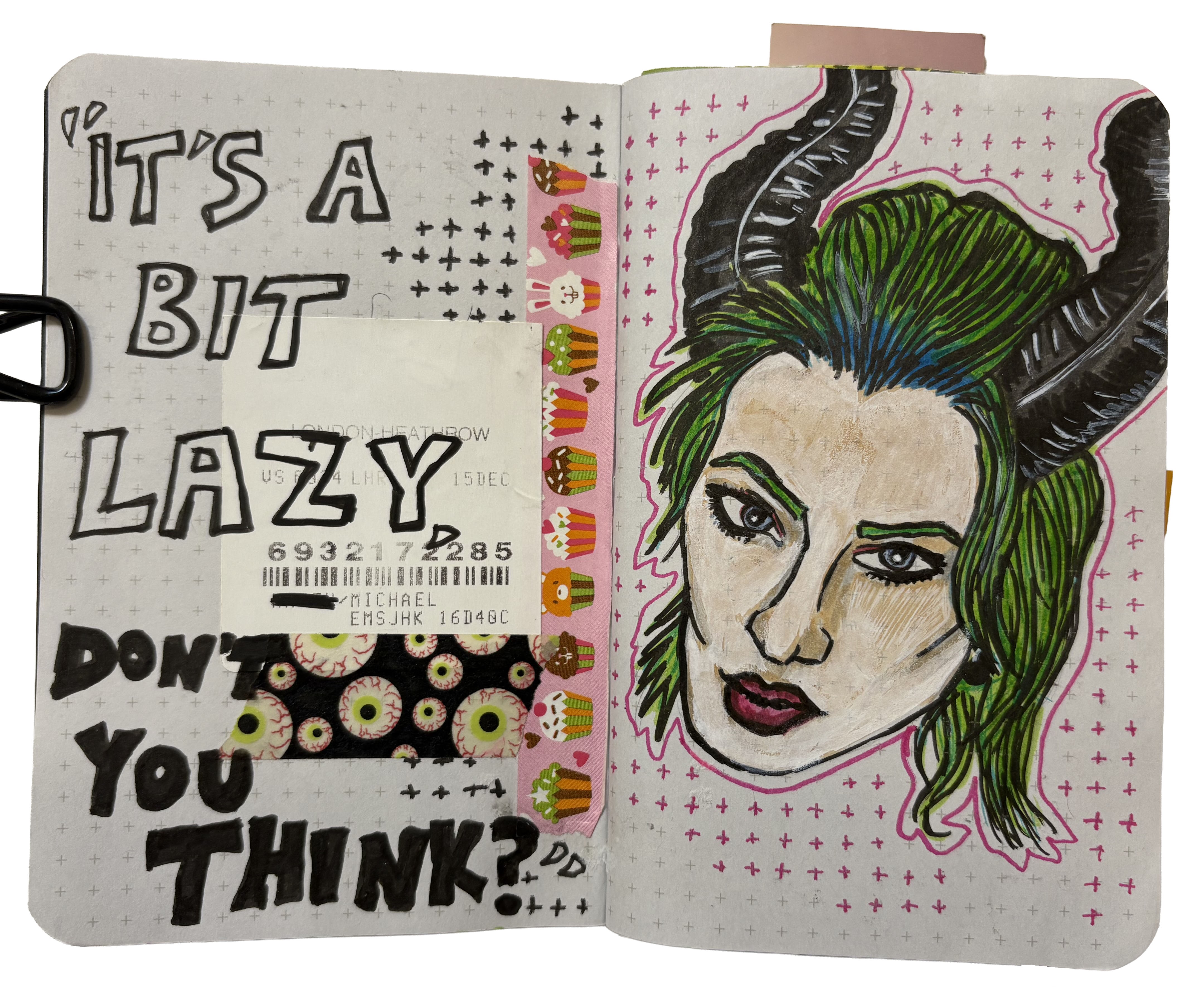 Day 351/365 of Year of Creative Habits. A mixed media art journal illustration of a woman with green hair and horns and the words it's a bit lazy, don't you think? next to her with doodles and ephemera surrounding the drawing. Drawing reference is ulorinvex via Sktchy.