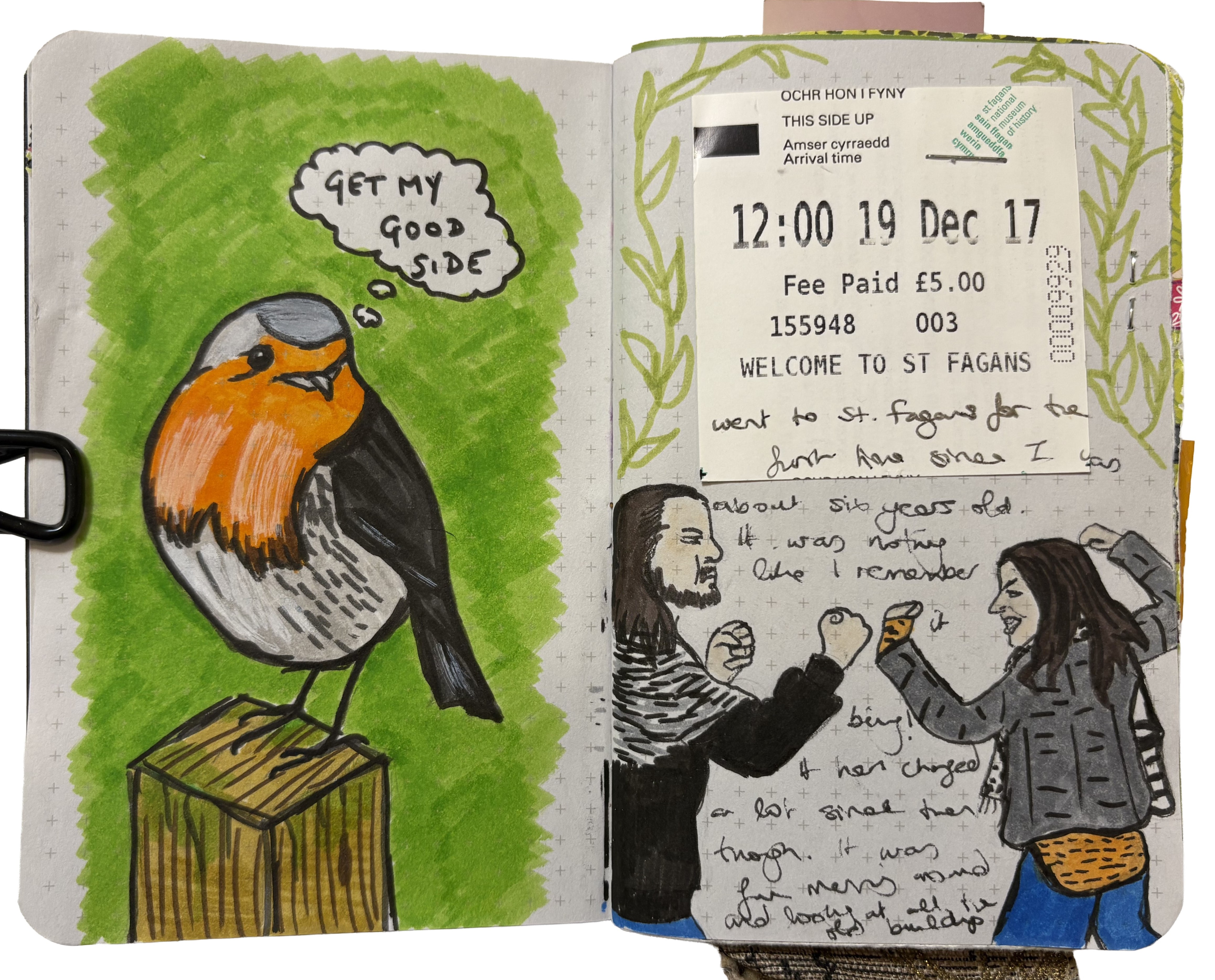 Day 353/365 of Year of Creative Habits. A mixed media art journal illustration of a vain robin wanting me to photograph its good side and a drawing of me and my husband pretending to fight at a heritage site in Wales.
