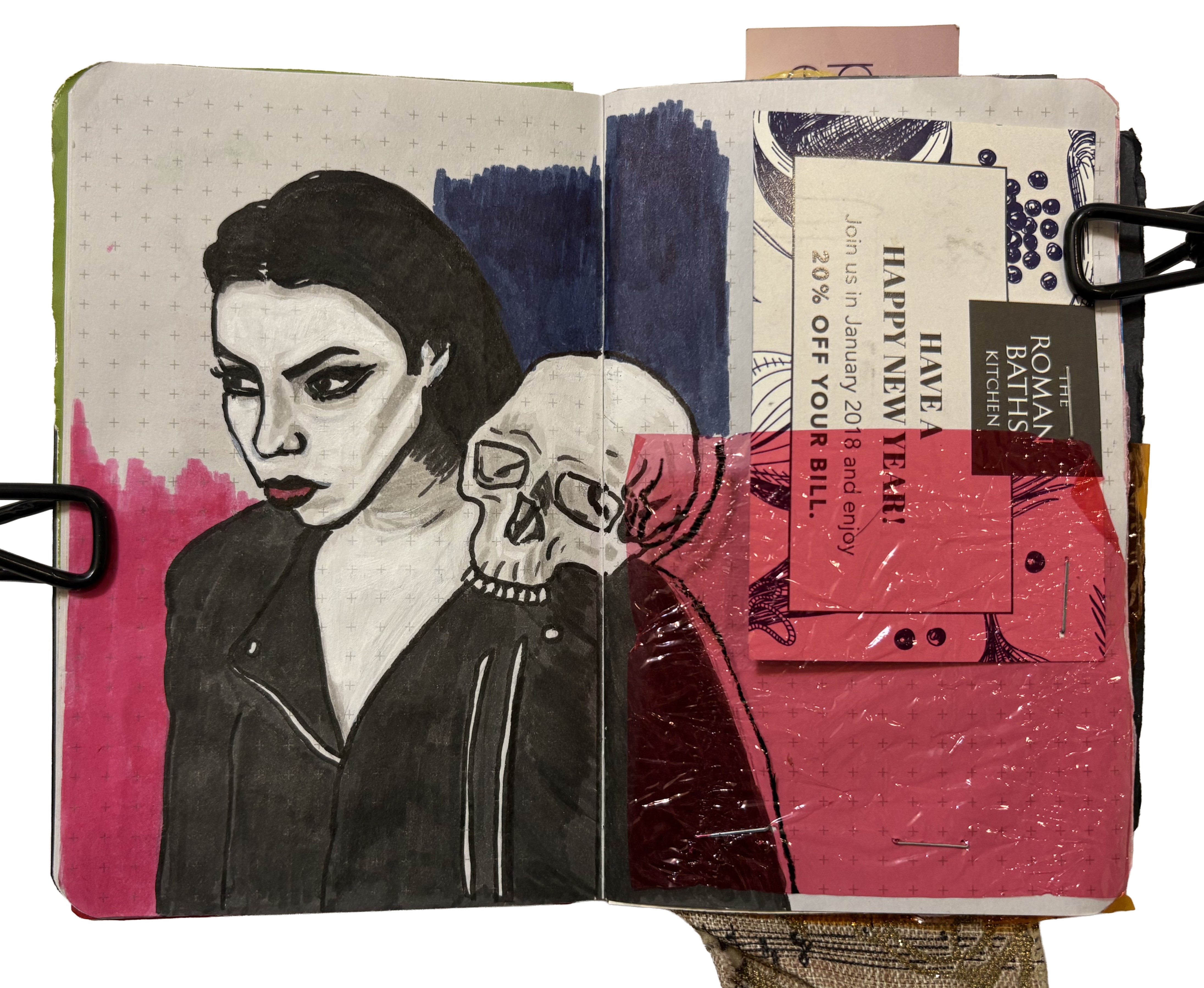 Day 356/365 of Year of Creative Habits. A mixed media art journal illustration of a gothic woman with a skull on her shoulder and ephemera from day trips in England.