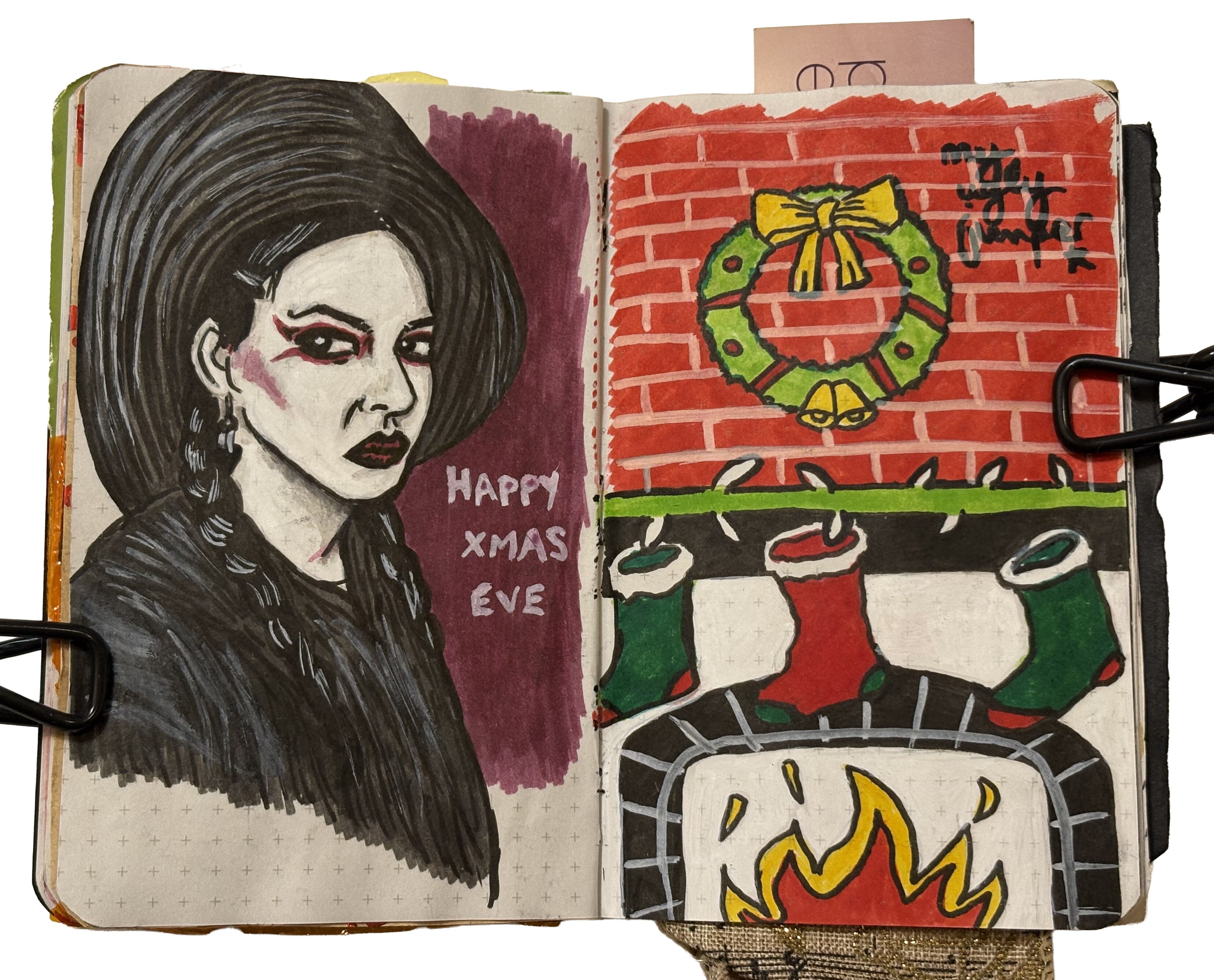 Days 358 and 359/365 of Year of Creative Habits. A mixed media art journal illustration of a witchy gothic woman in a hat saying happy xmas eve and a drawing of a holiday scene from an ugly sweater I bought. Drawing reference from Sktchy.