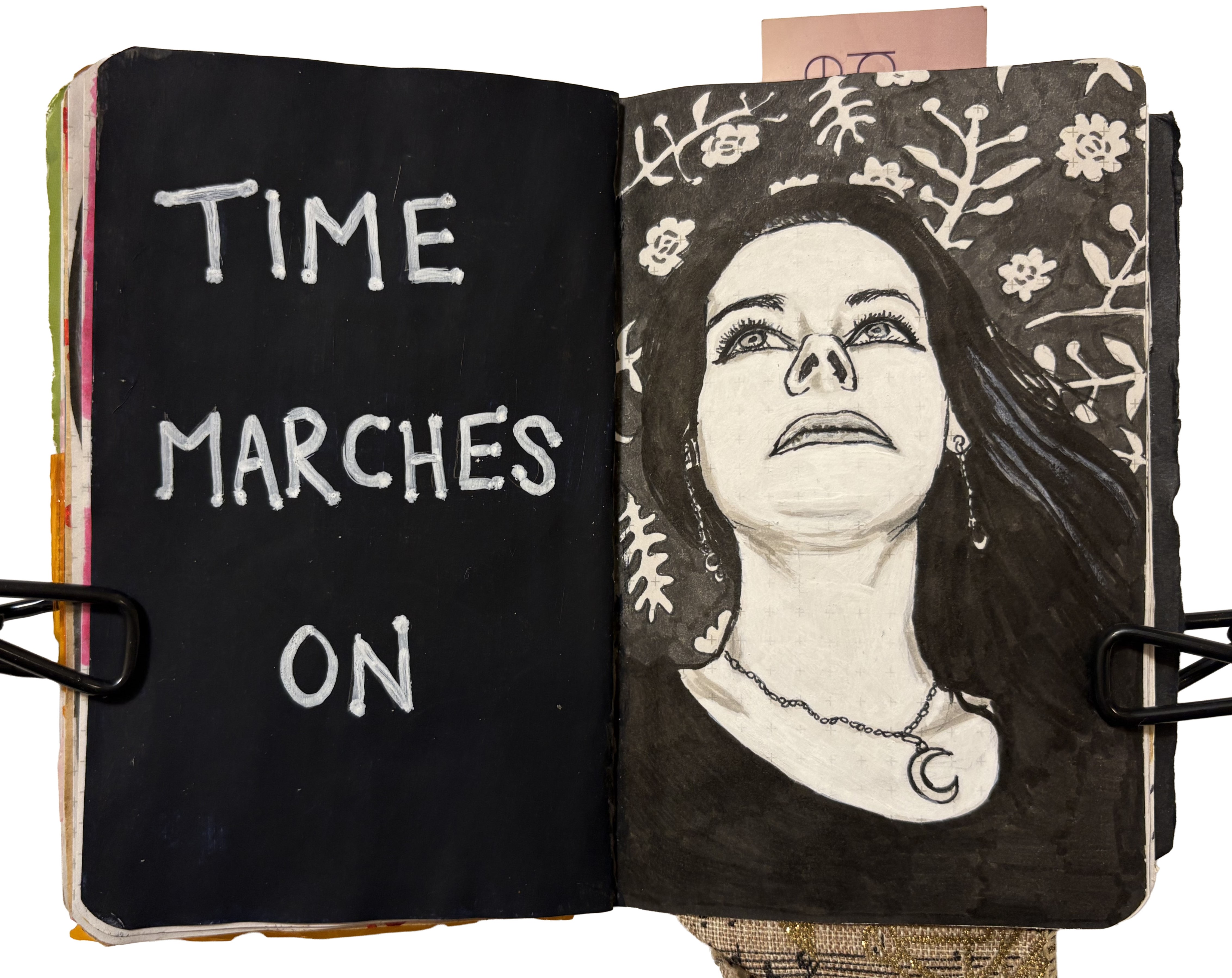 Day 360/365 of Year of Creative Habits. A mixed media art journal illustration of myself in black and white looking up contemplatively against a floral background with the words time marches on next to me.