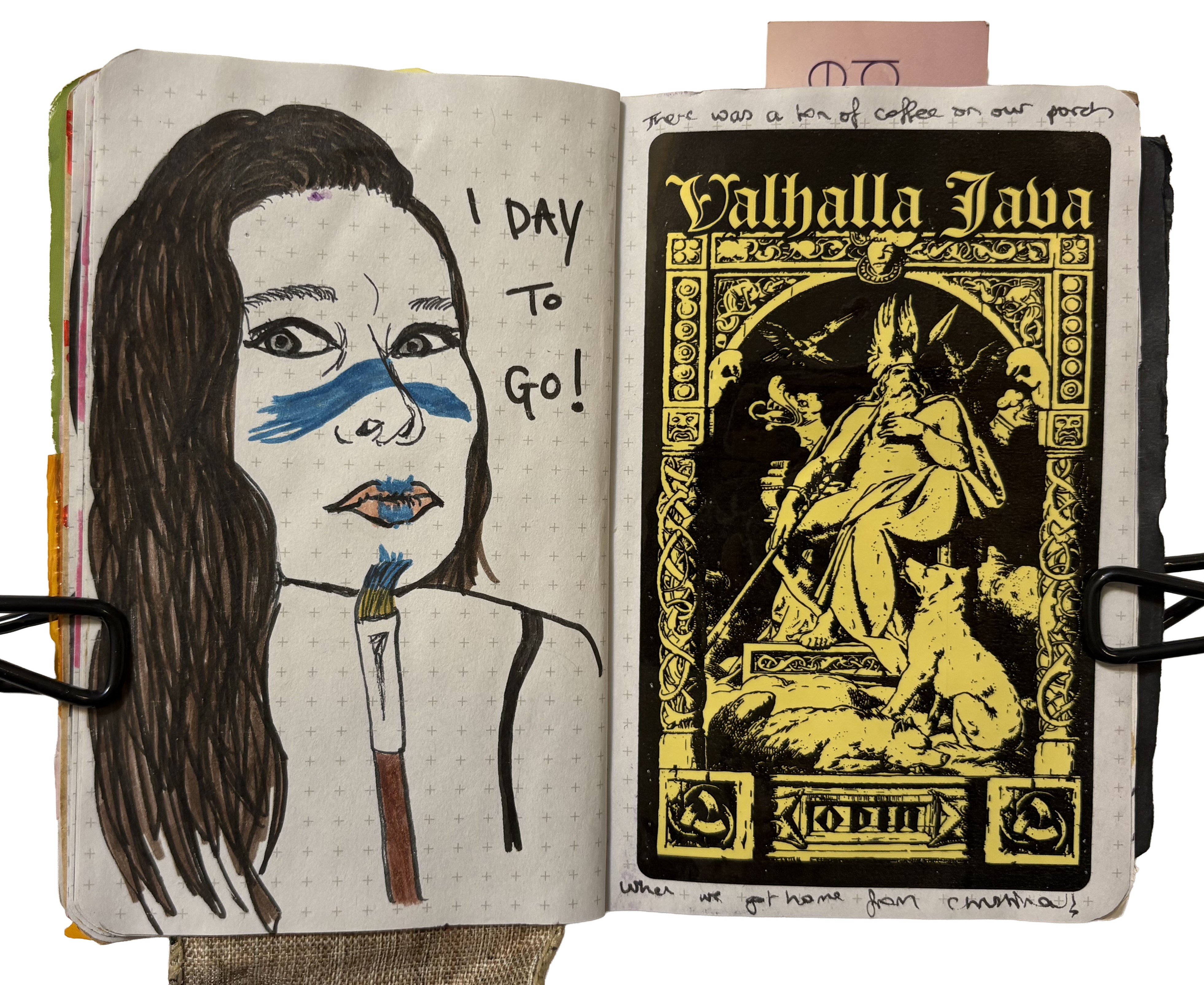 Day 364/365 of Year of Creative Habits. An art journal illustration of a woman holding a brush to her chin after painting her face blue and a sticker from Death Wish Coffee. Drawing reference from Sktchy.