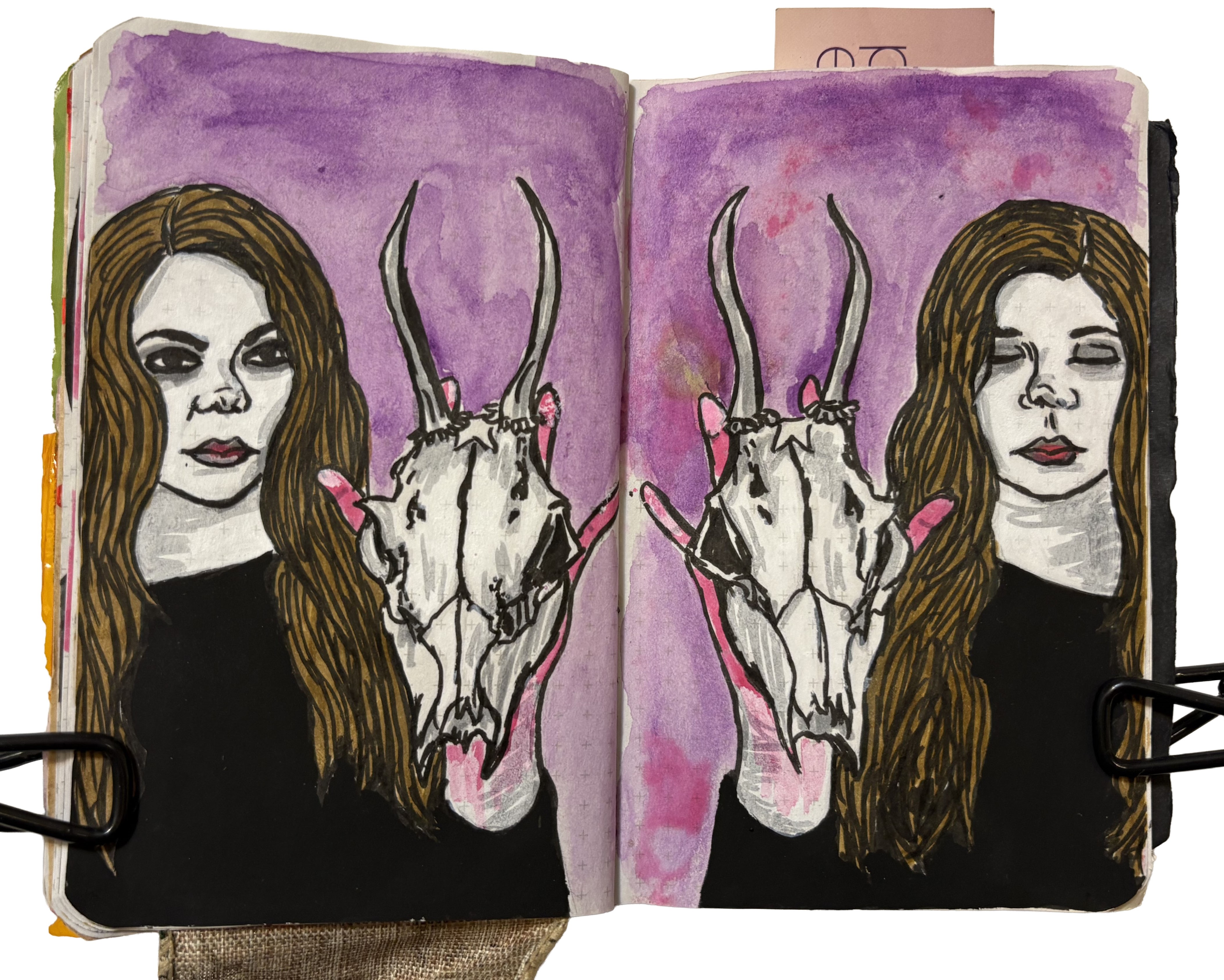 A mixed media art journal illustration of a mirrored woman holding animal skulls. Drawing reference is uterusrexart via Sktchy.