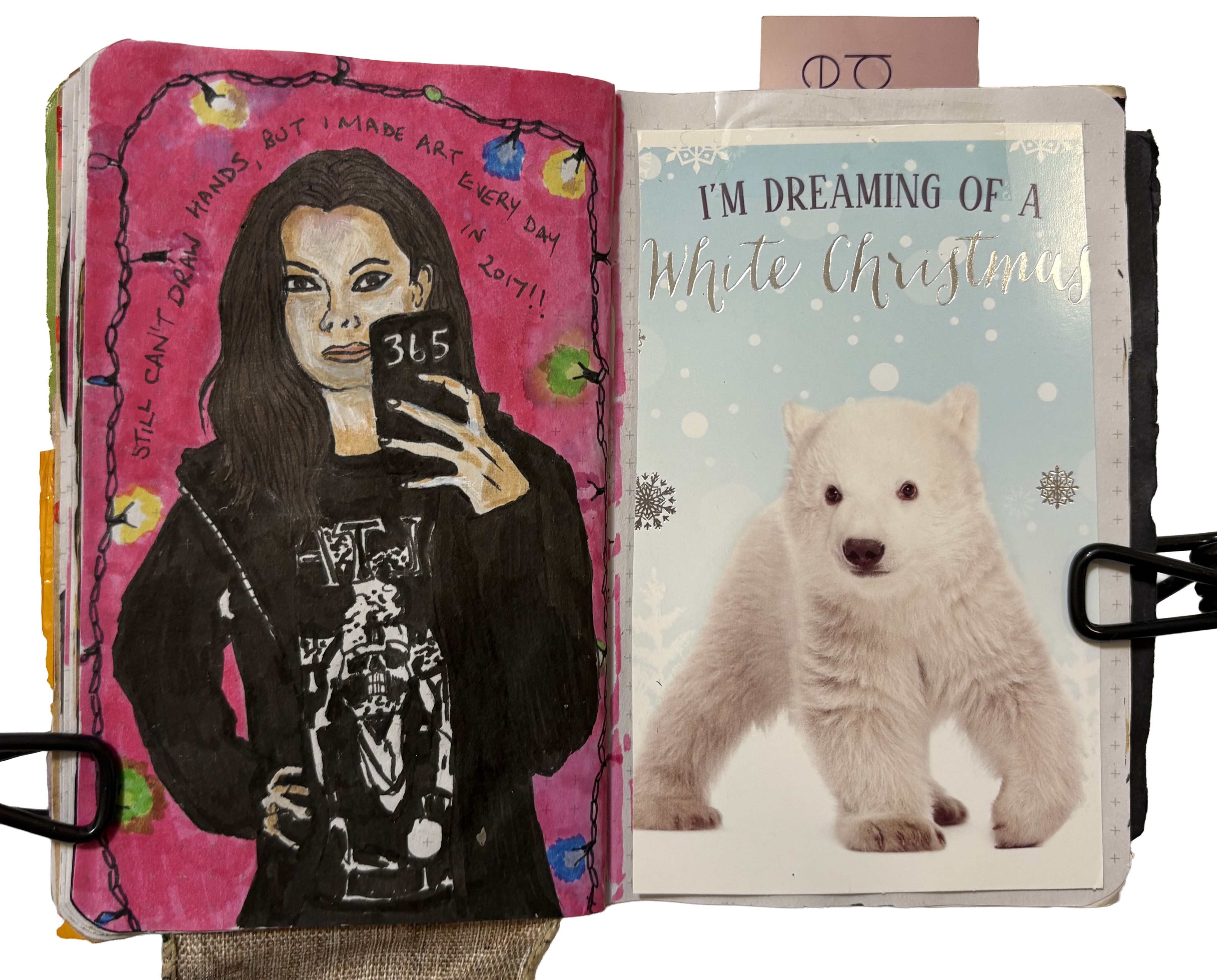 Day 365/365 of Year of Creative Habits. A mixed media art journal illustration of myself taking a selfie in a mirror with holiday lights surrounding me and cut out of a holiday card.