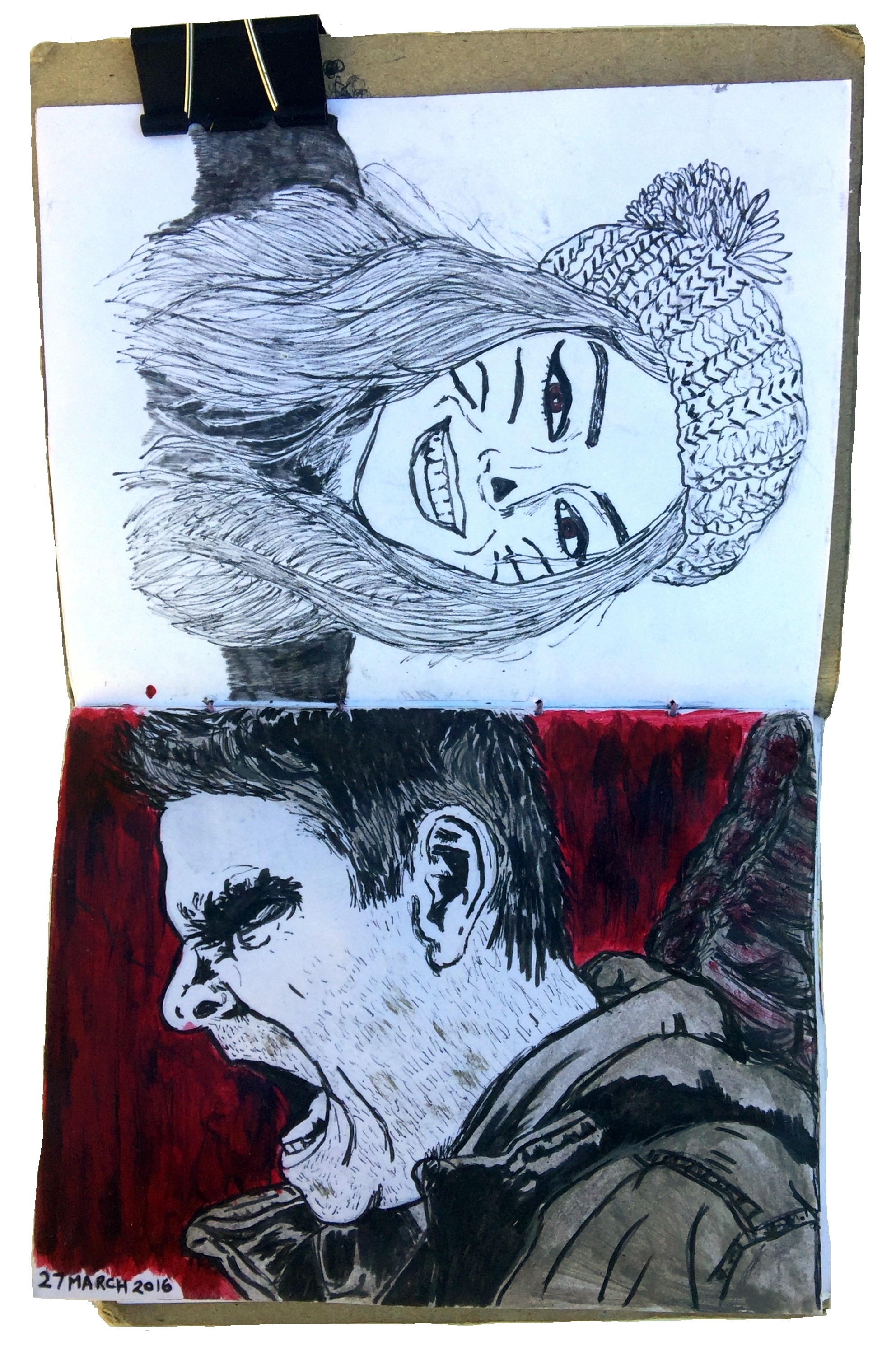 An art journal illustration of a Tumblr follower and a drawing of Henry Rollins as his character in He Never Died.