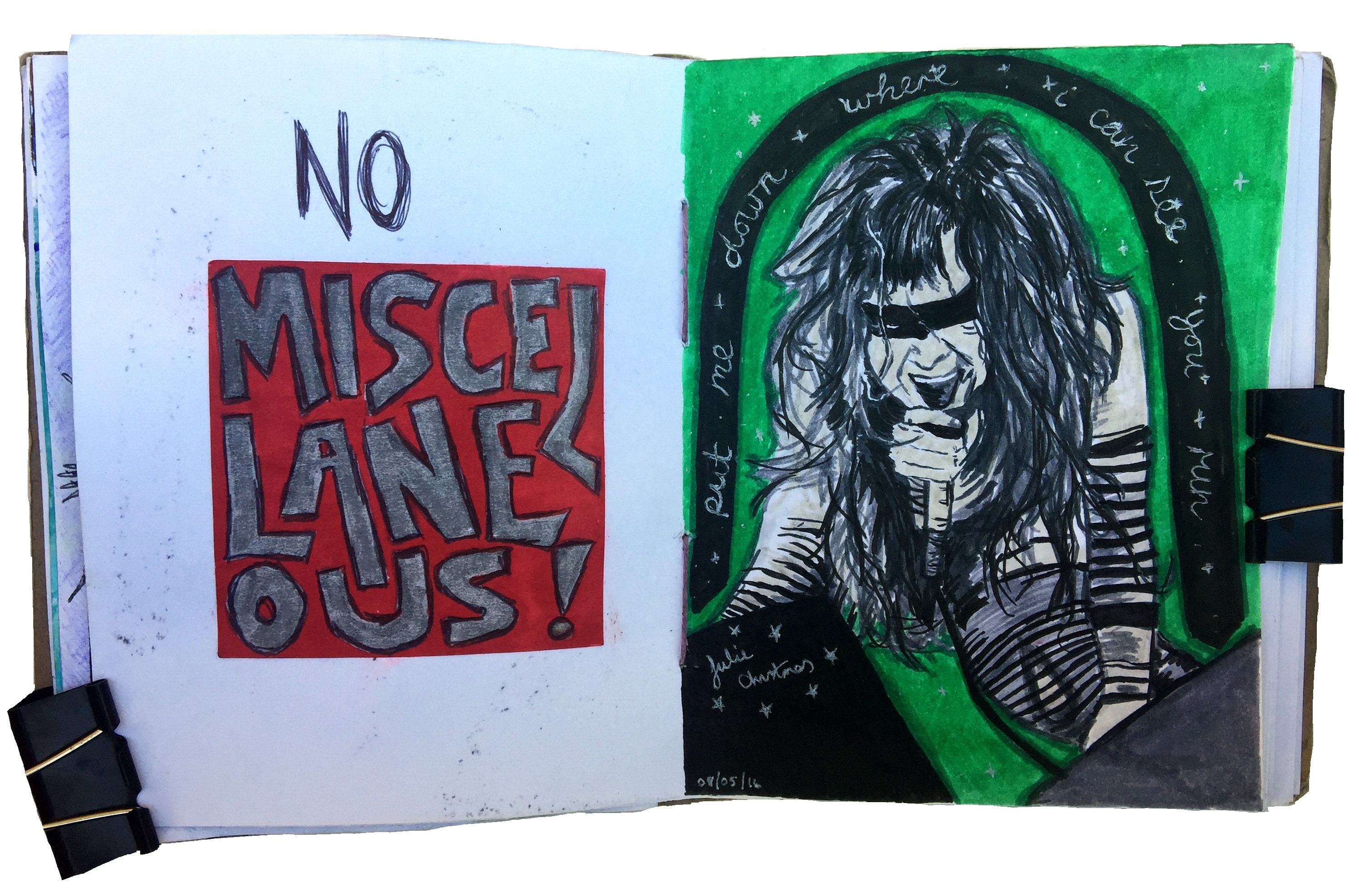An art journal illustration of vocalist and musician Julie Christmas with lyrics from her collaboration with Cult of Luna and a doodle on a post it note about the word miscellaneous (the worst word for an Archivist!).