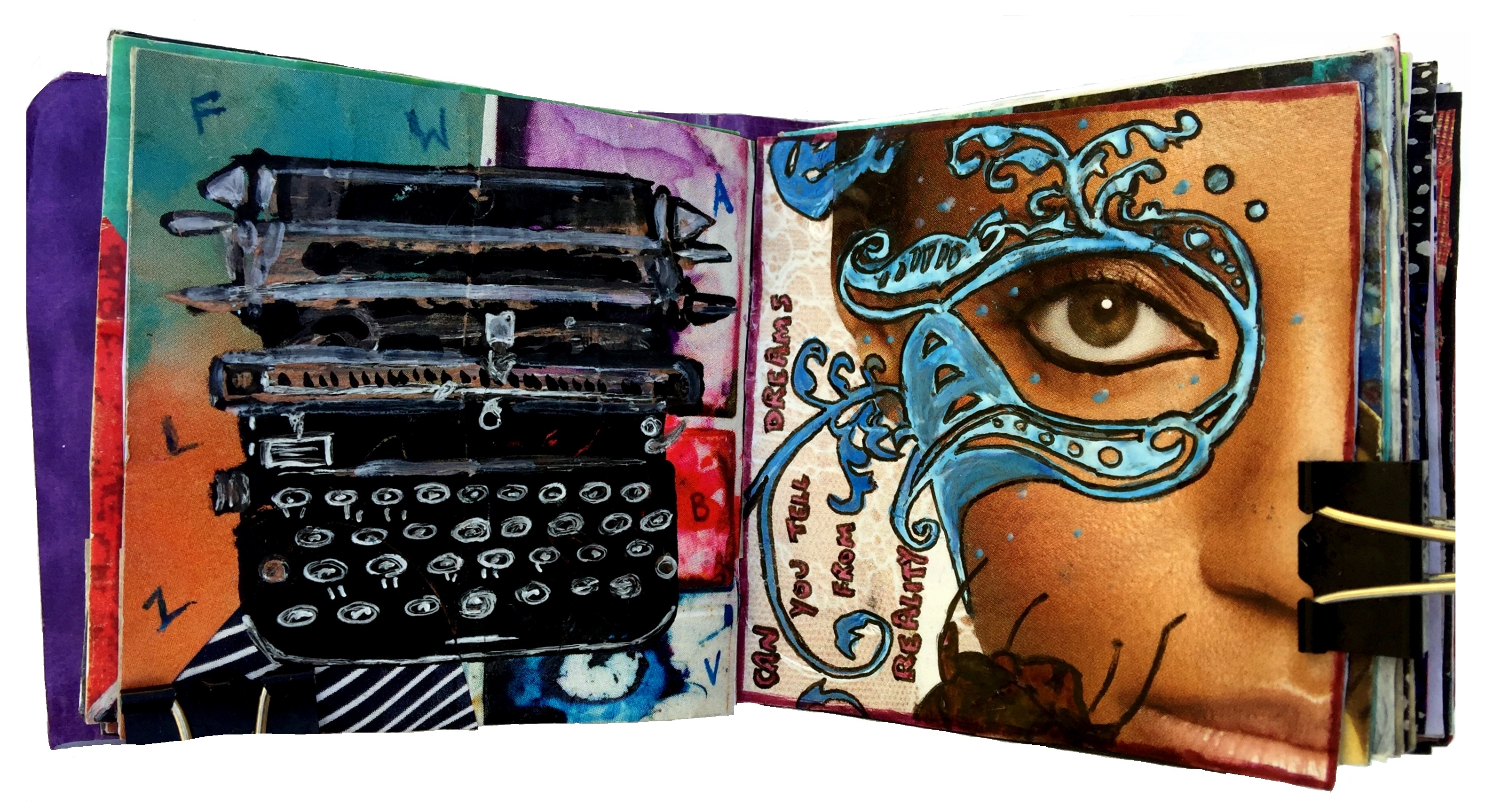 Day 3/365 of Year of Creative Habits. A mixed media art journal collage of a typewriter and a woman's eye surrounded by ornate doodles and lyrics by Tristania.