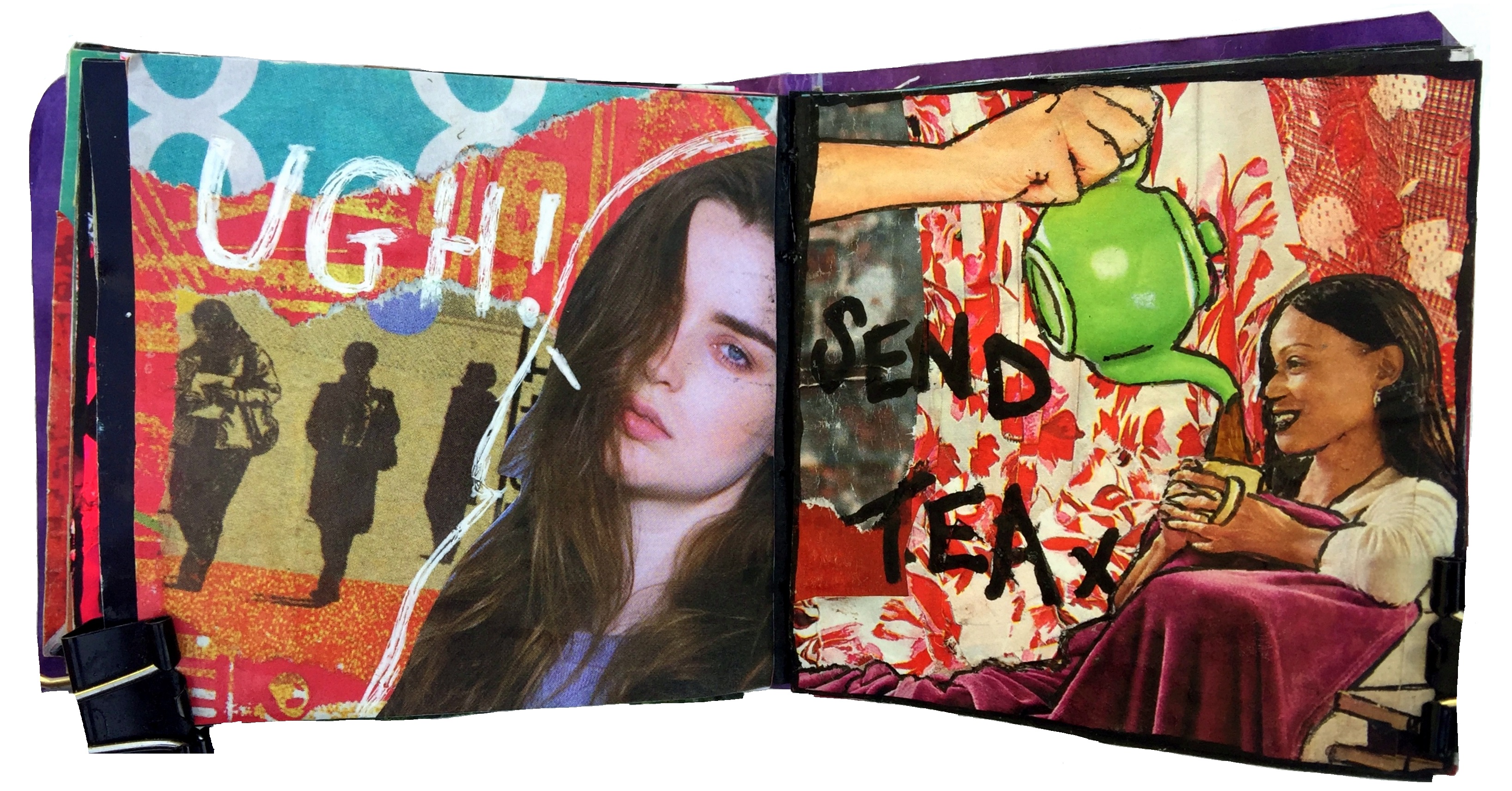 Day 11/365 of Year of Creative Habits. A mixed media art journal collage of a fed up woman saying ugh! and another of a woman cozy on a couch with someone pouring her tea with the words send tea.