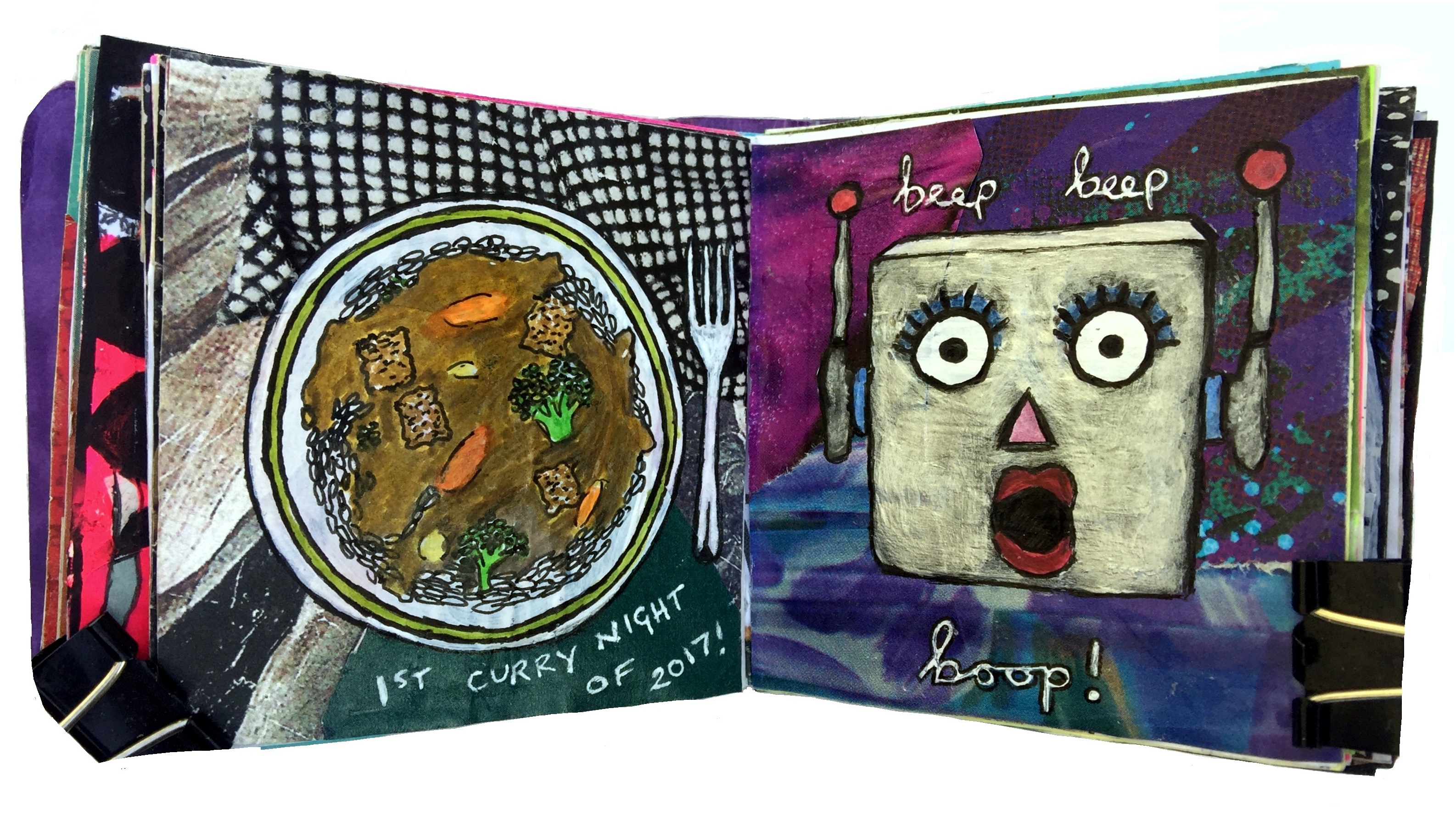 Day 8/365 of Year of Creative Habits. A mixed media art journal illustration of a bowl of curry drawn over magazine patterns and a suggestive robot drawn over magazine images.