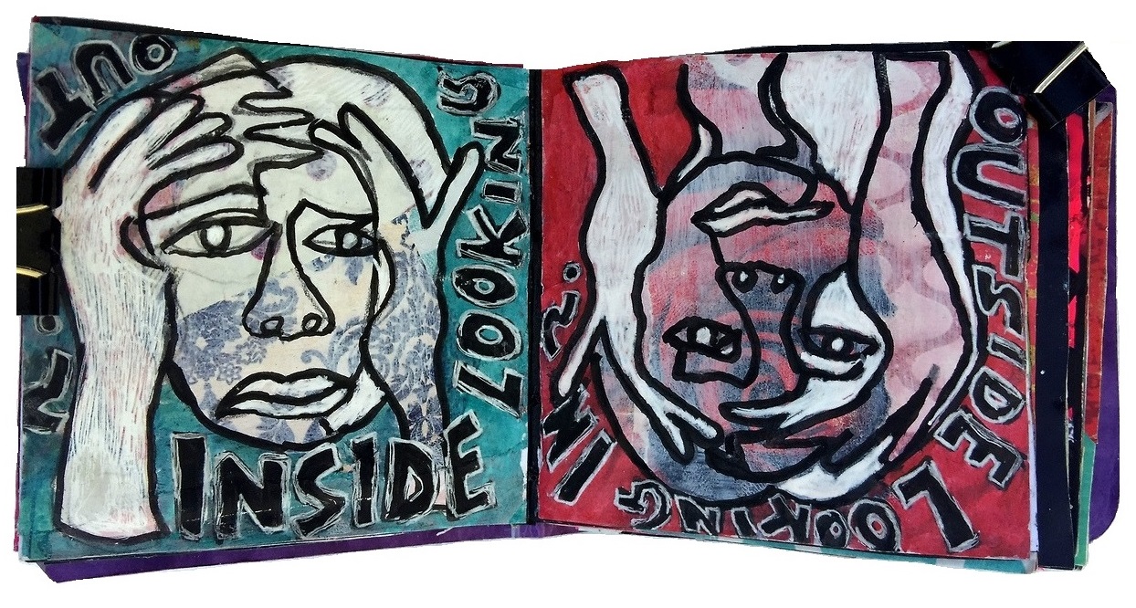Day 12/365 of Year of Creative Habits. A mixed media art journal illustration of blind contours about feeling like an outsider.