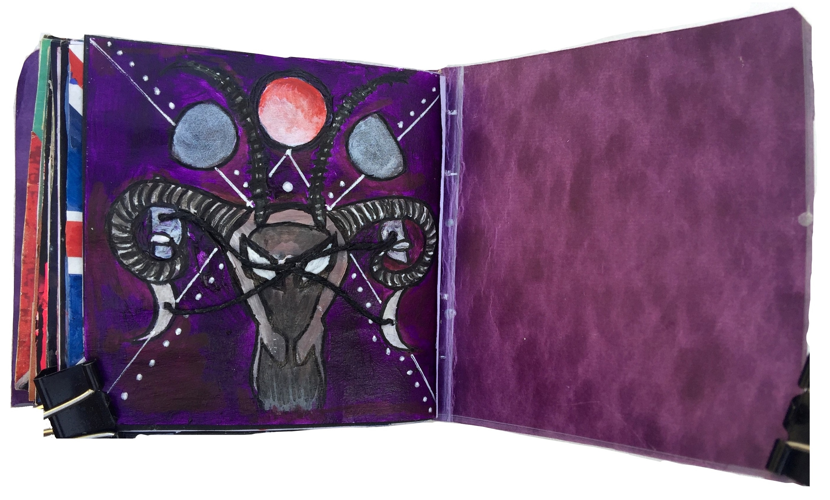 Day 16/365 of Year of Creative Habits. A mixed media art journal illustration of a demon uterus under moon phases and a blood moon.