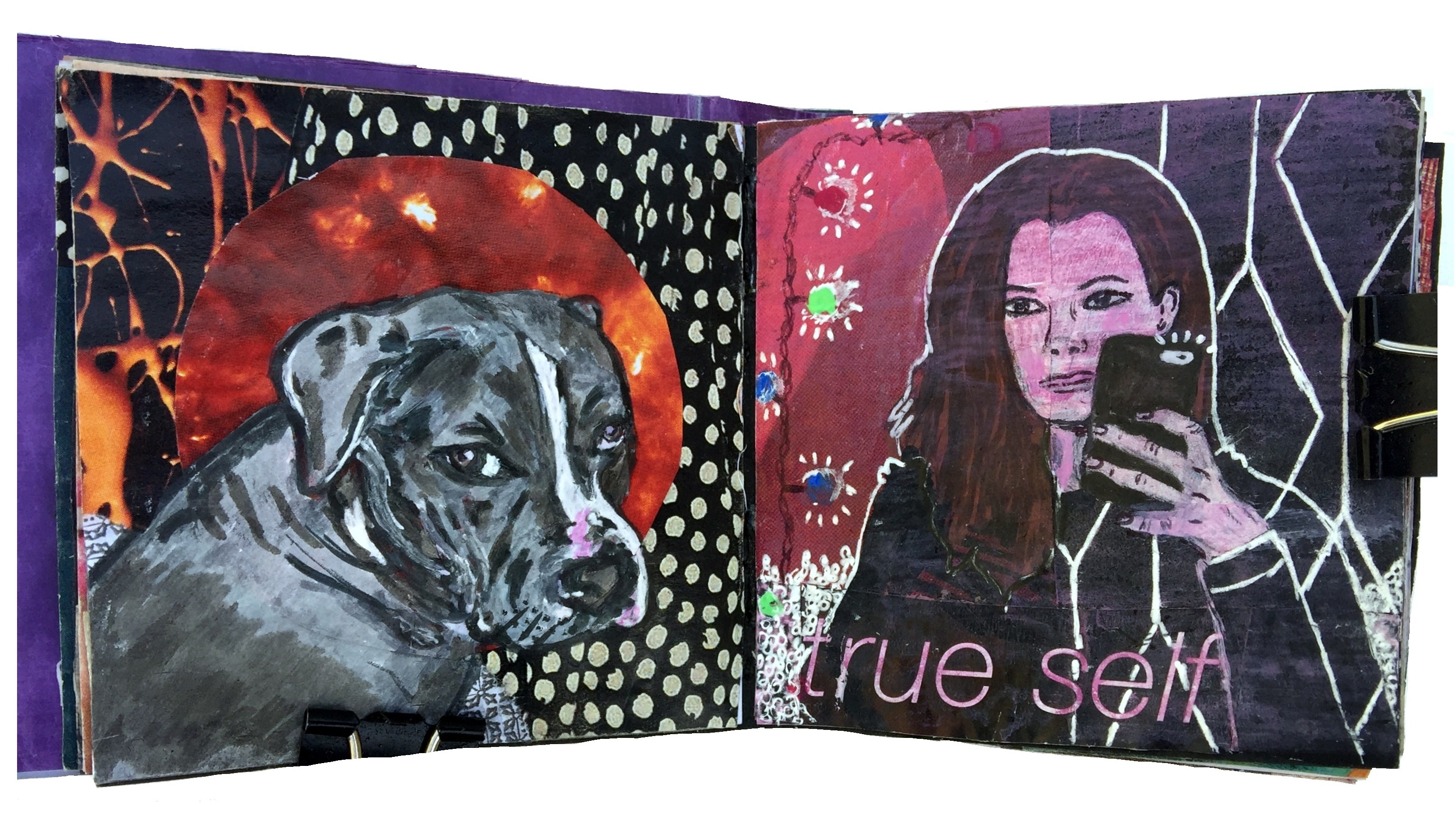 Day 1/365 of Year of Creative Habits. A mixed media art journal pet portrait of my muse, Peaches, and a self portrait with the words true self underneath.