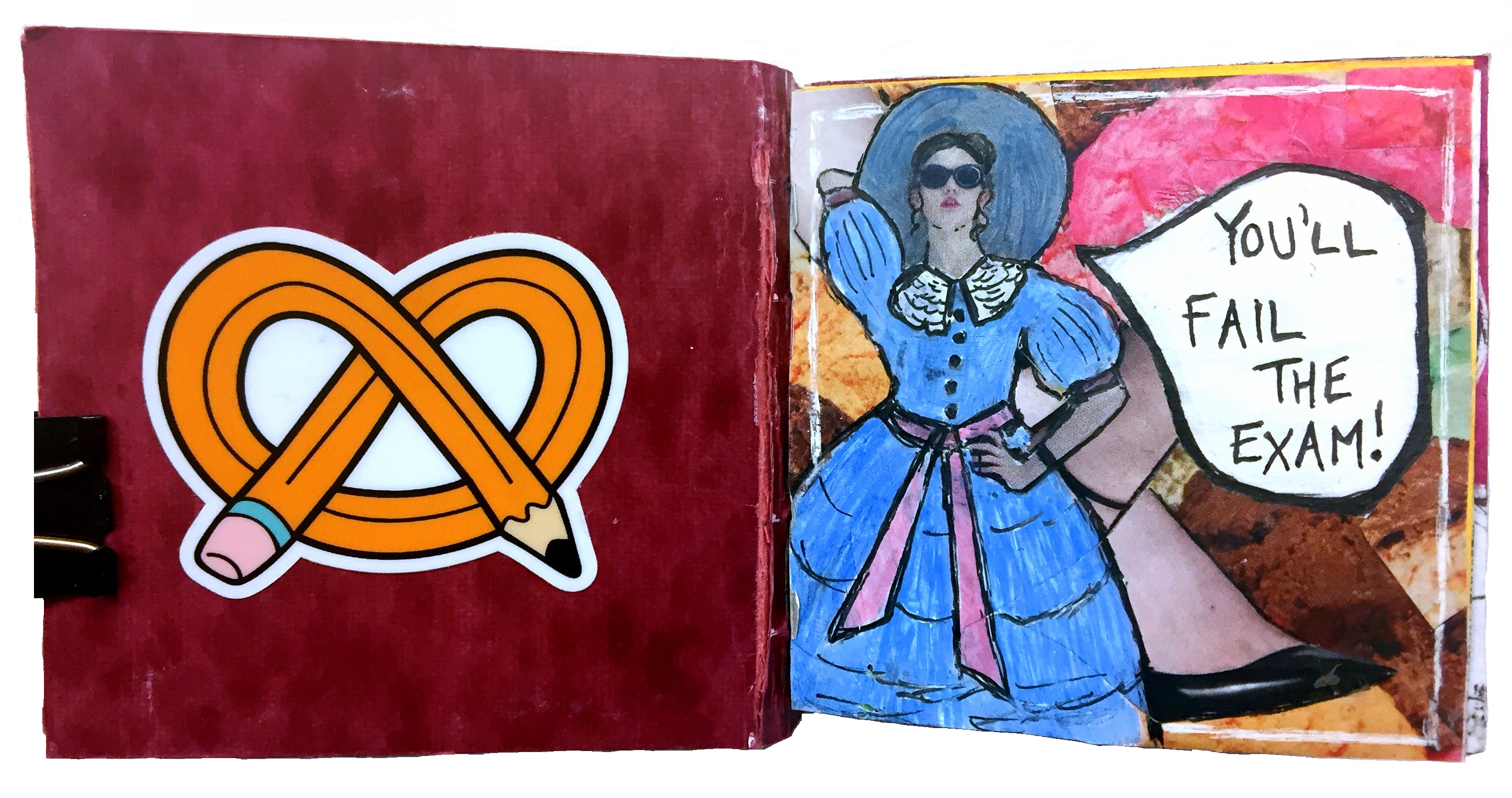 Day 17/365 of Year of Creative Habits. A mixed media art journal collage referencing a weird dream about a southern belle and failing an exam.