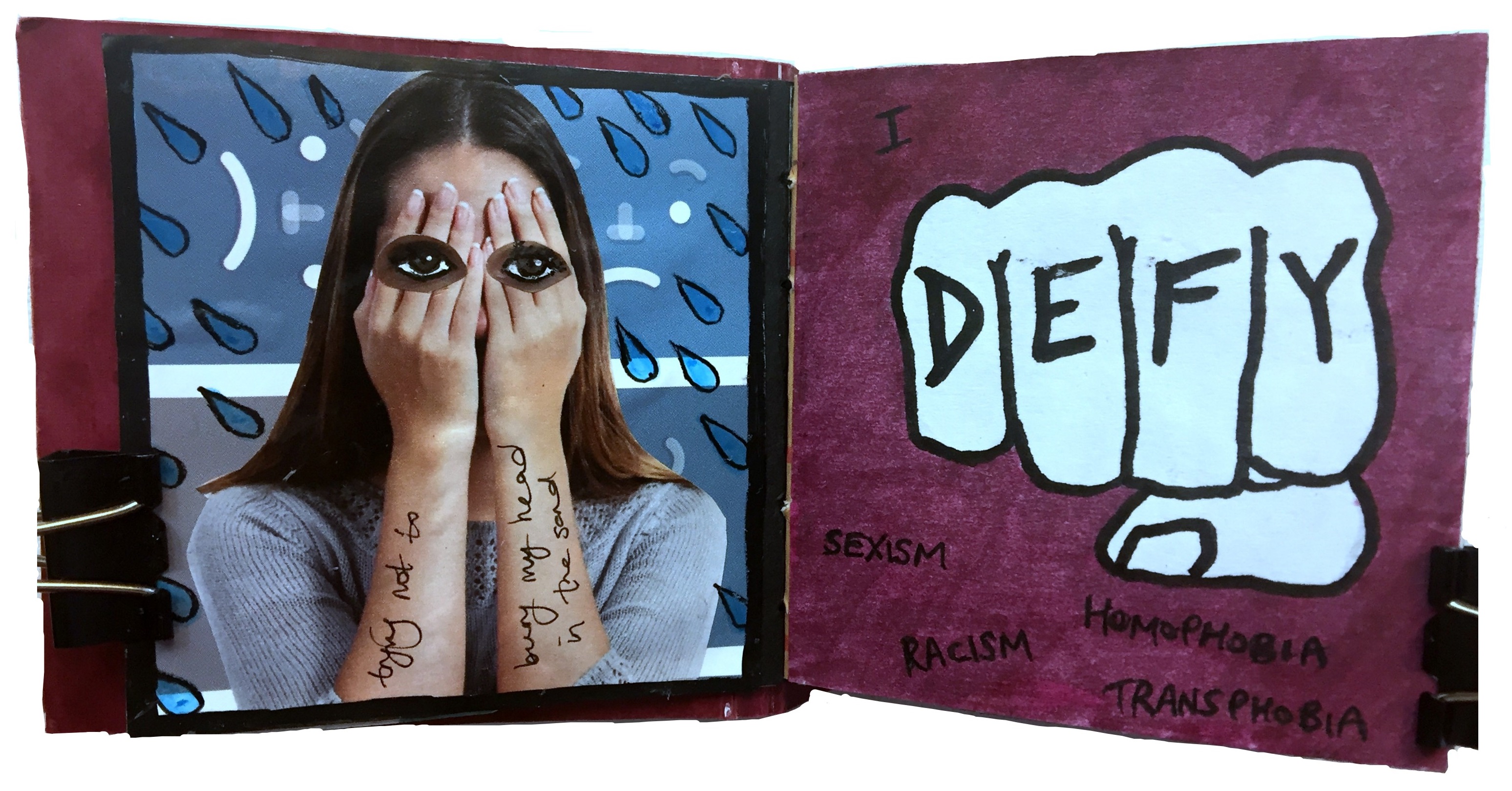 Day 20/365 of Year of Creative Habits. A mixed media art journal collage of a woman with her hands over her eyes and eyes over her hands with the words trying not to bury my head in the sand and an illustration of a fist with the word defy on it for a Planned Parenthood campaign.