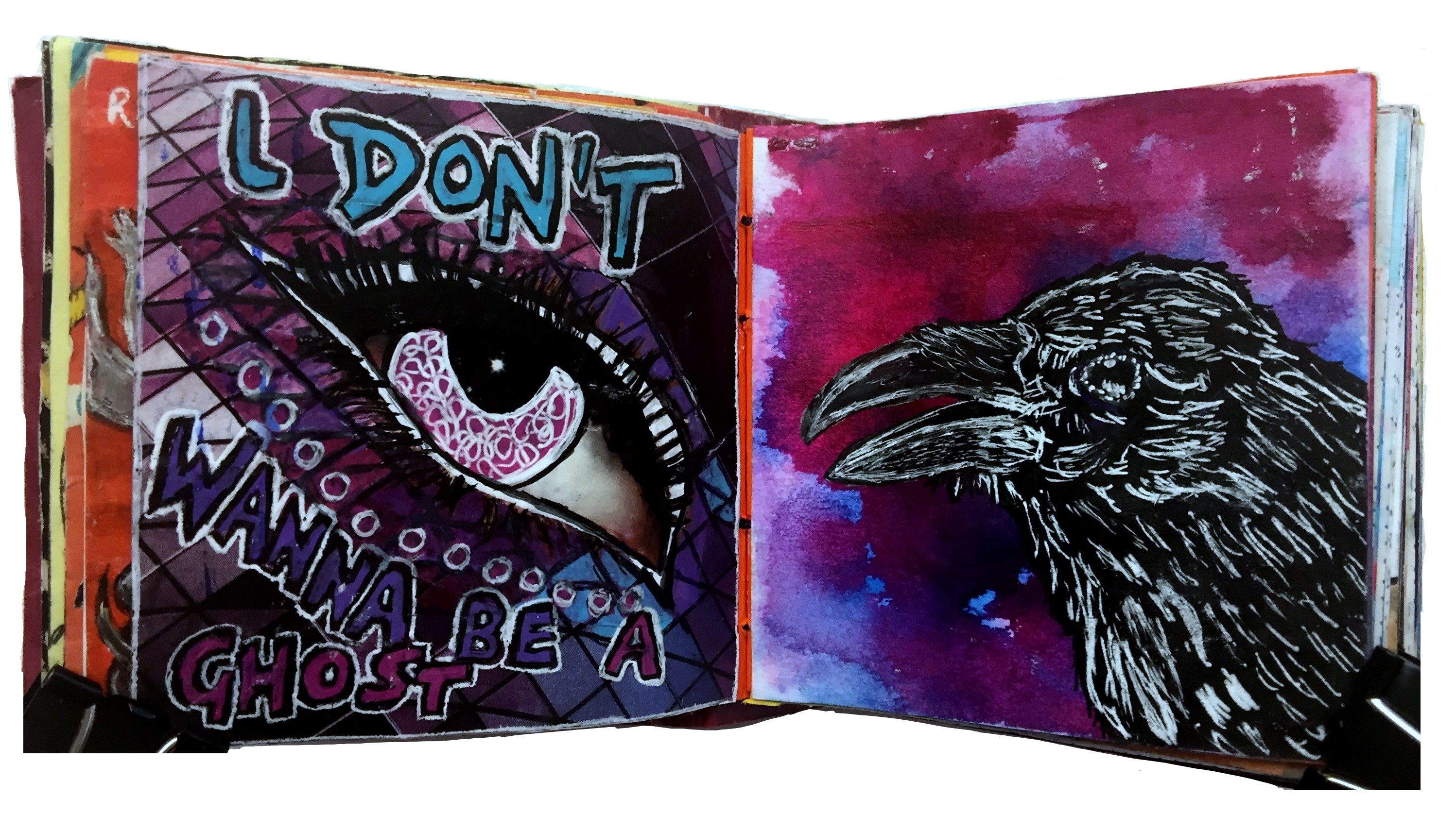 Days 29 and 30/365 of Year of Creative Habits. A mixed media art journal collage of an eye with lyrics by Ty Segall and an illustration of a crow in front of a purple watercolor background.