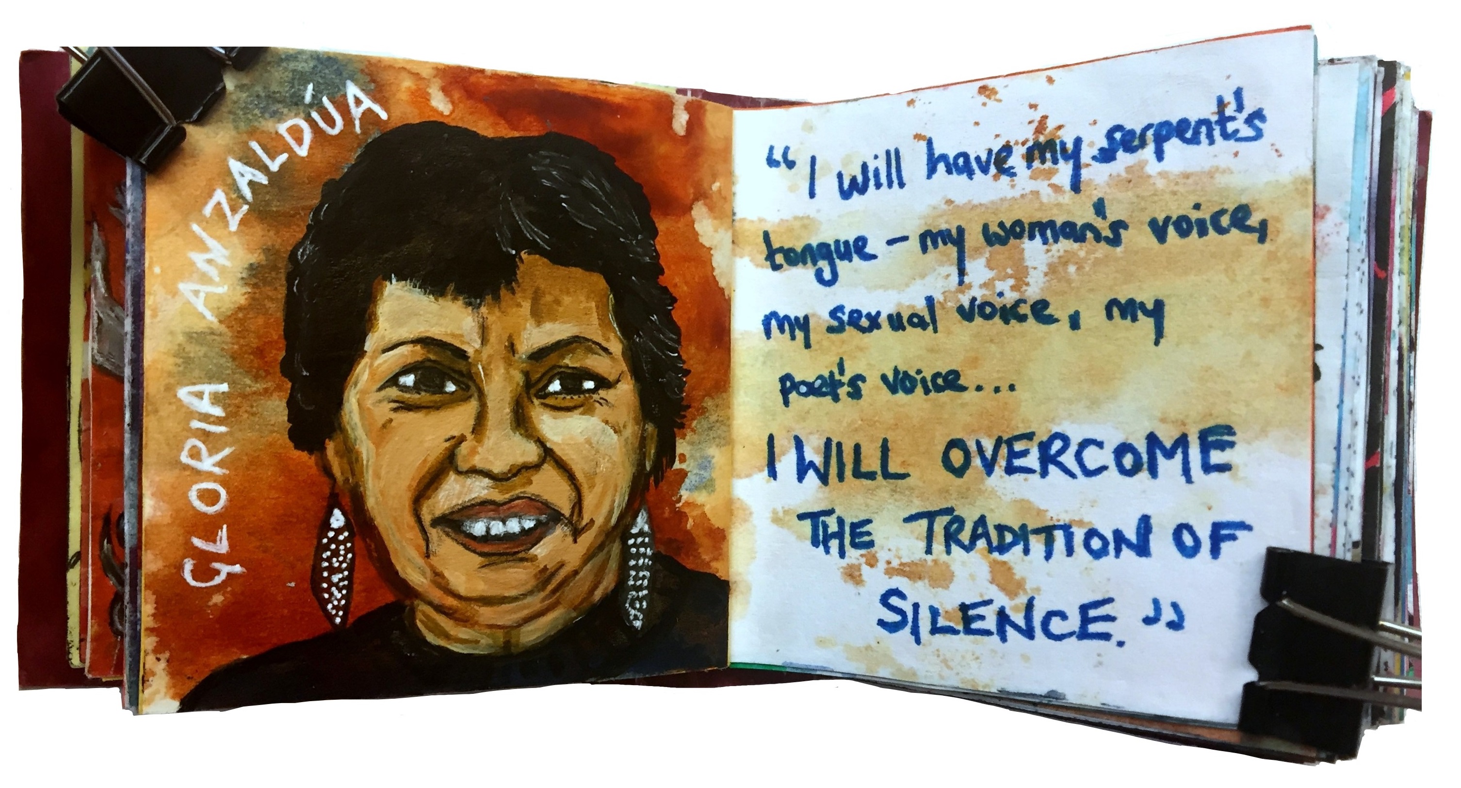 Day 33/365 of Year of Creative Habits. Day 2 of the Badass Women Challenge. A mixed media art journal illustration of Gloria Anzaldúa with a quote by her about being a woman.