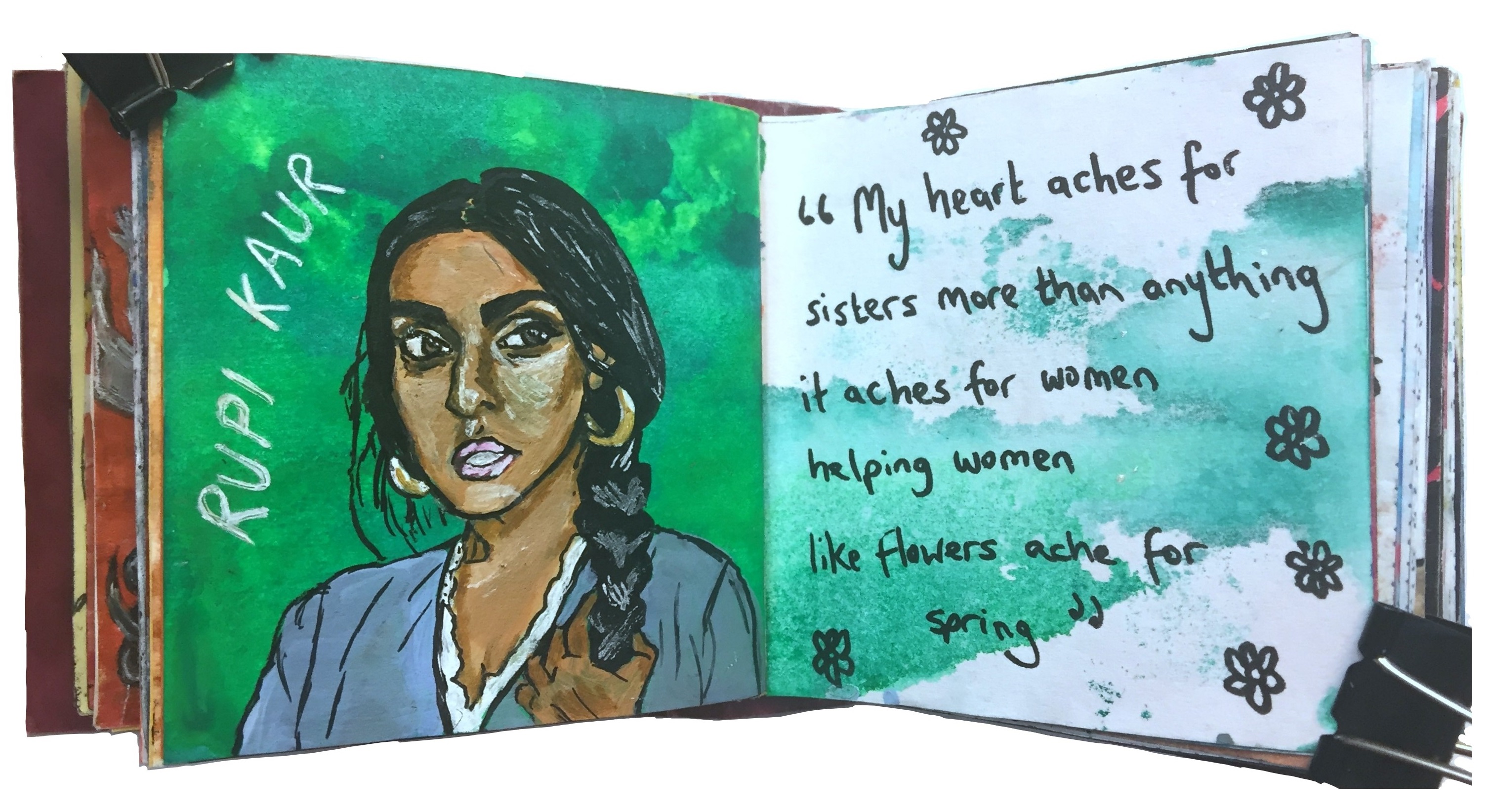 Day 34/365 of Year of Creative Habits. Day 3 of the Badass Women Challenge. A mixed media post-it art journal illustration of Rupi Kaur with a quote by her about women.