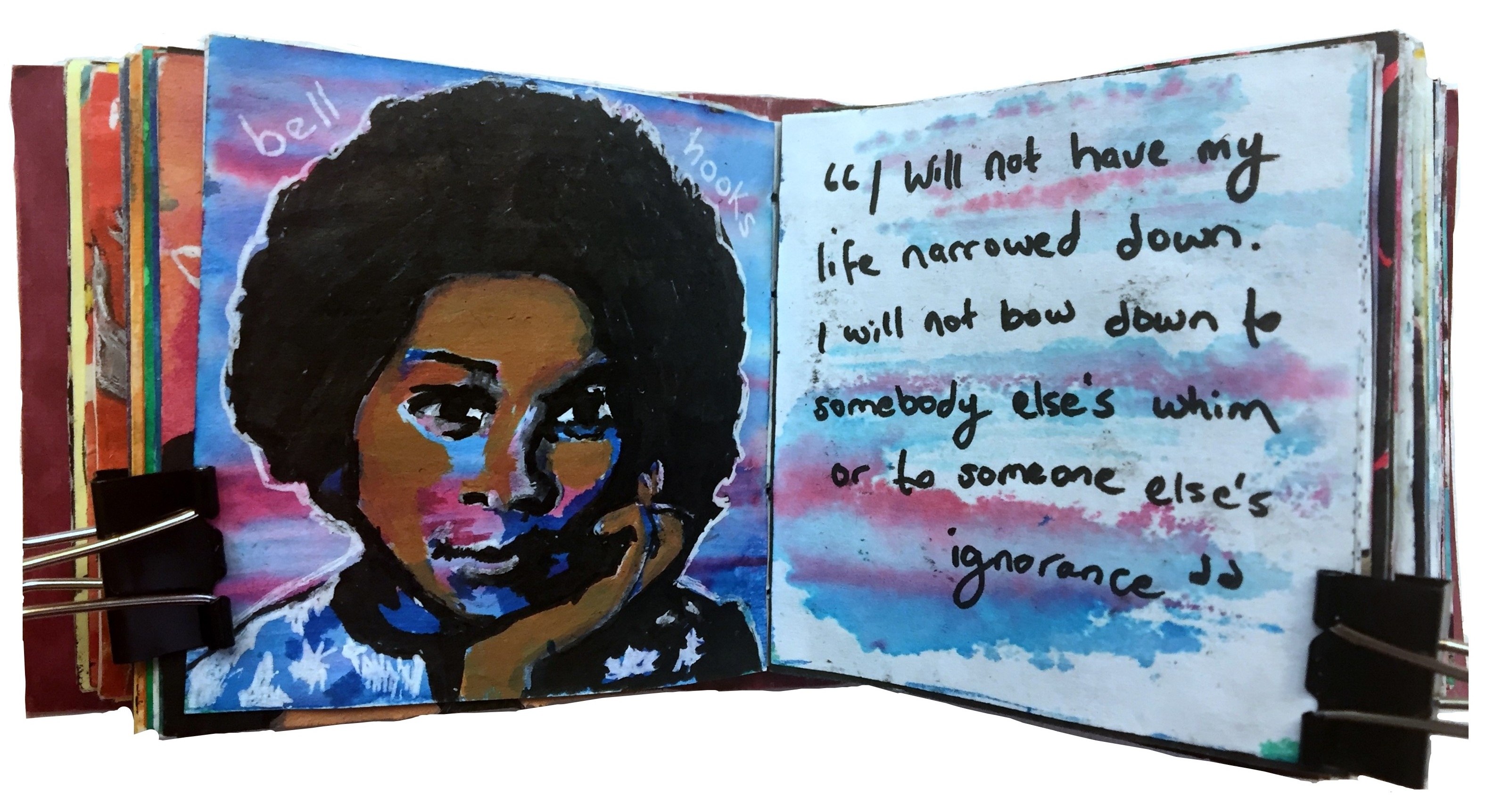 Day 37/365 of Year of Creative Habits. Day 6 of the Badass Women Challenge. A mixed media art journal illustration of bell hooks with a quote by her.