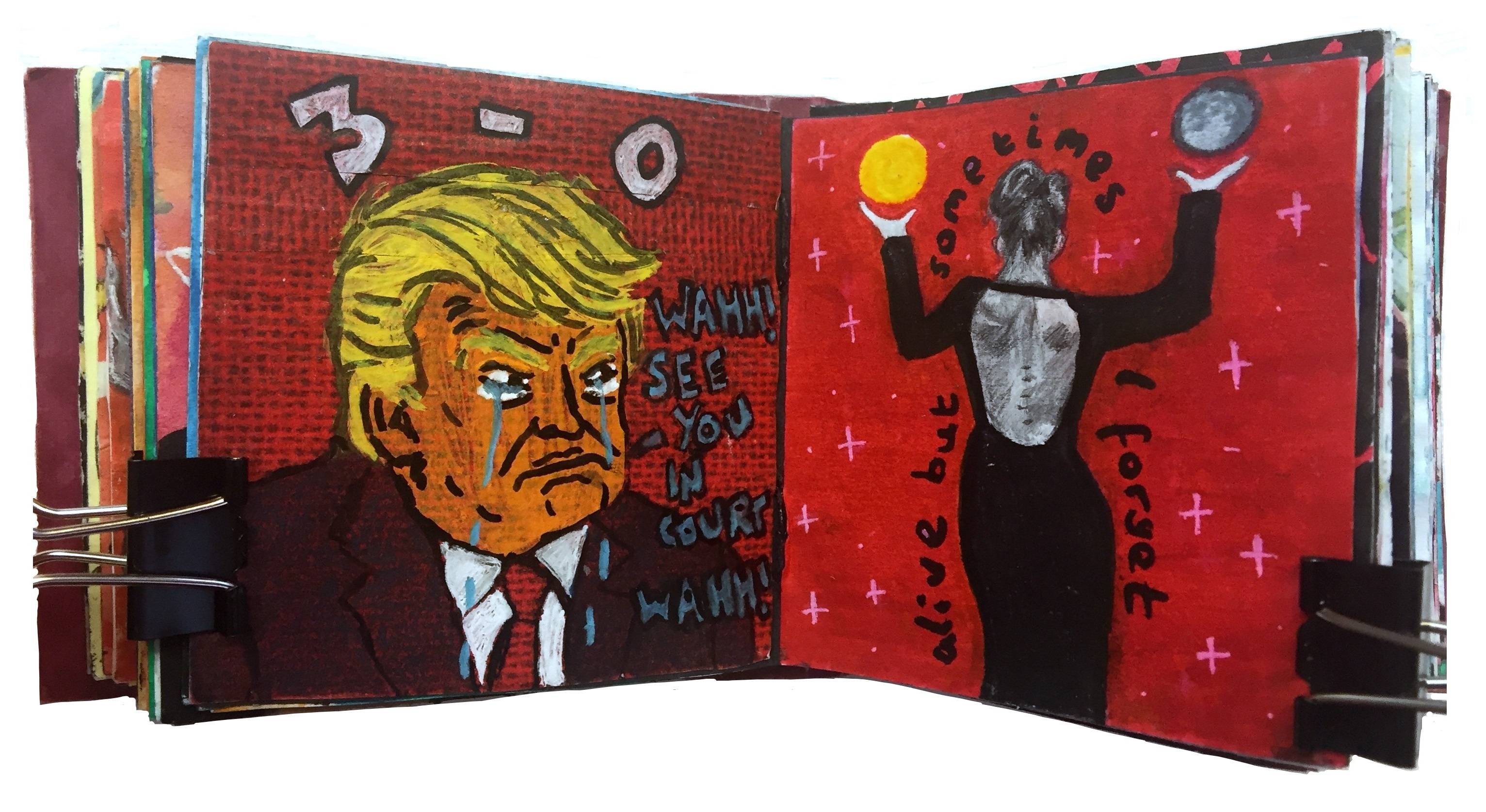 Day 40/365 of Year of Creative Habits. A mixed media art journal illustration of the Cheeto-in-Chief crying and a woman in a backless dress holding a sun and moon with lyrics by Dax Riggs.