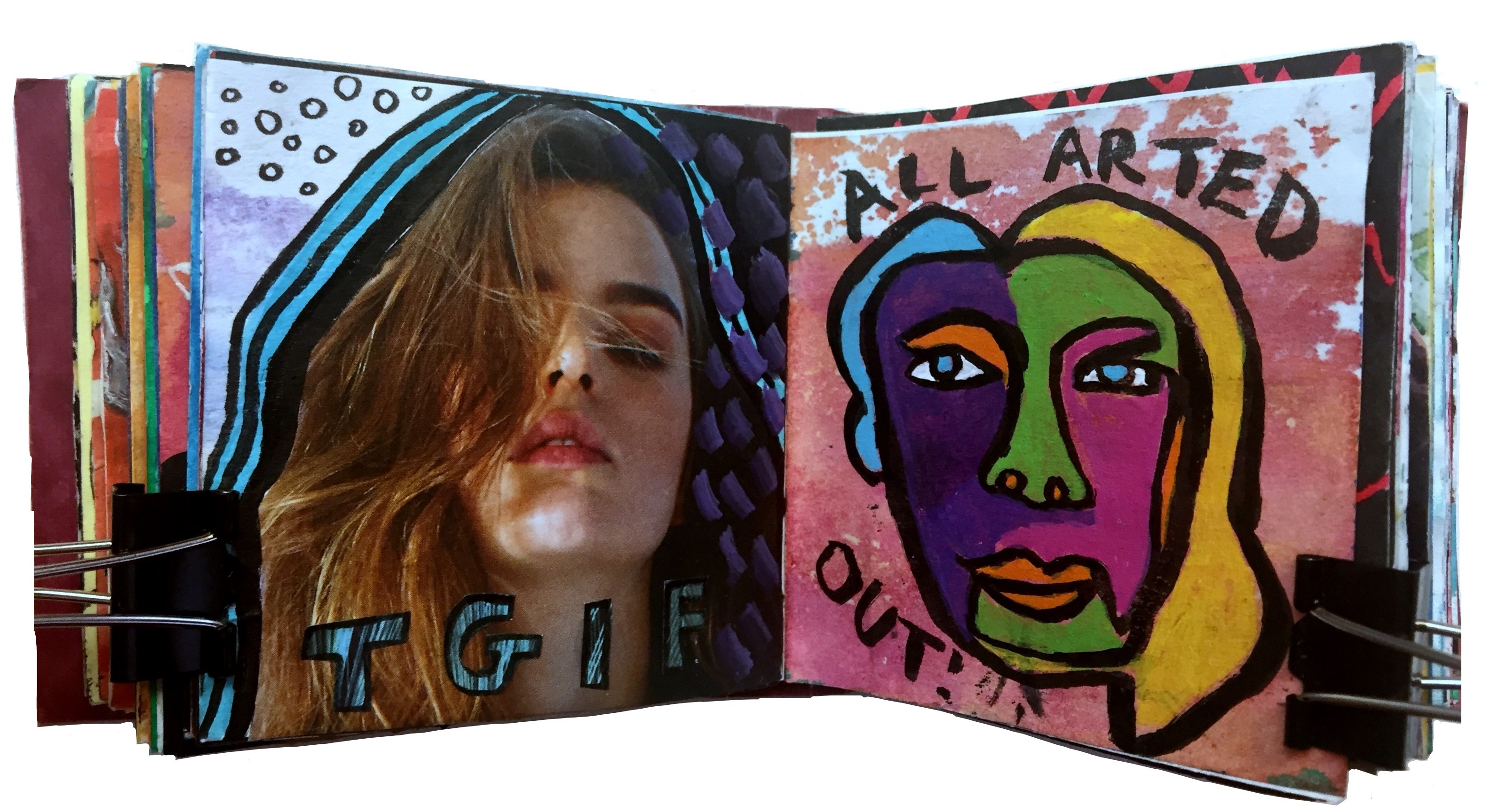 Days 41 and 42/365 of Year of Creative Habits. A mixed media art journal collage of a woman looking tired with TGIF underneath and a blind contour drawing of a woman with the words all arted out! around her.