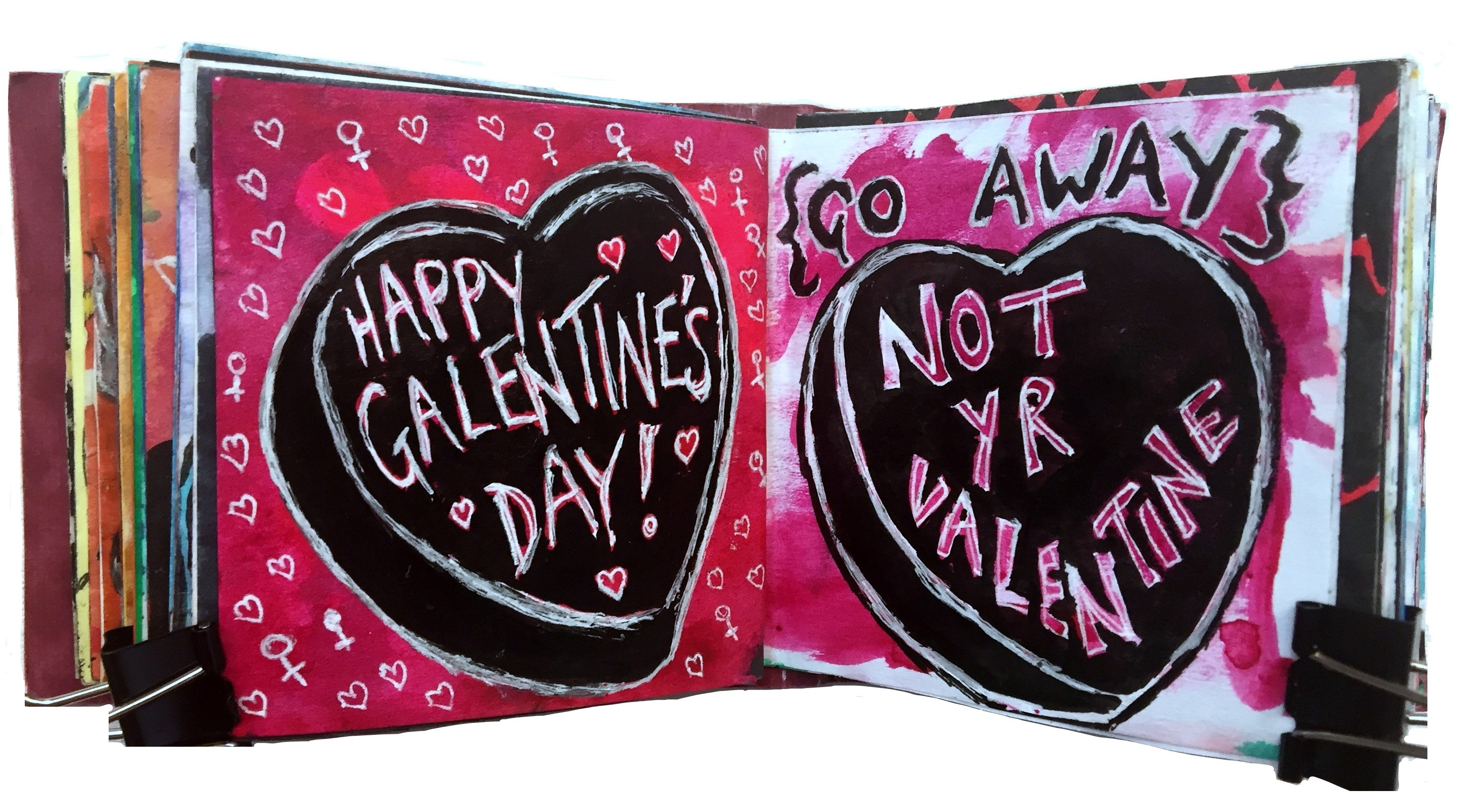 Days 44b and 45/365 of Year of Creative Habits. A mixed media art journal illustration of love hearts that say happy galentine's day! from the TV show Parks and Recreation and go away – not yr valentine.