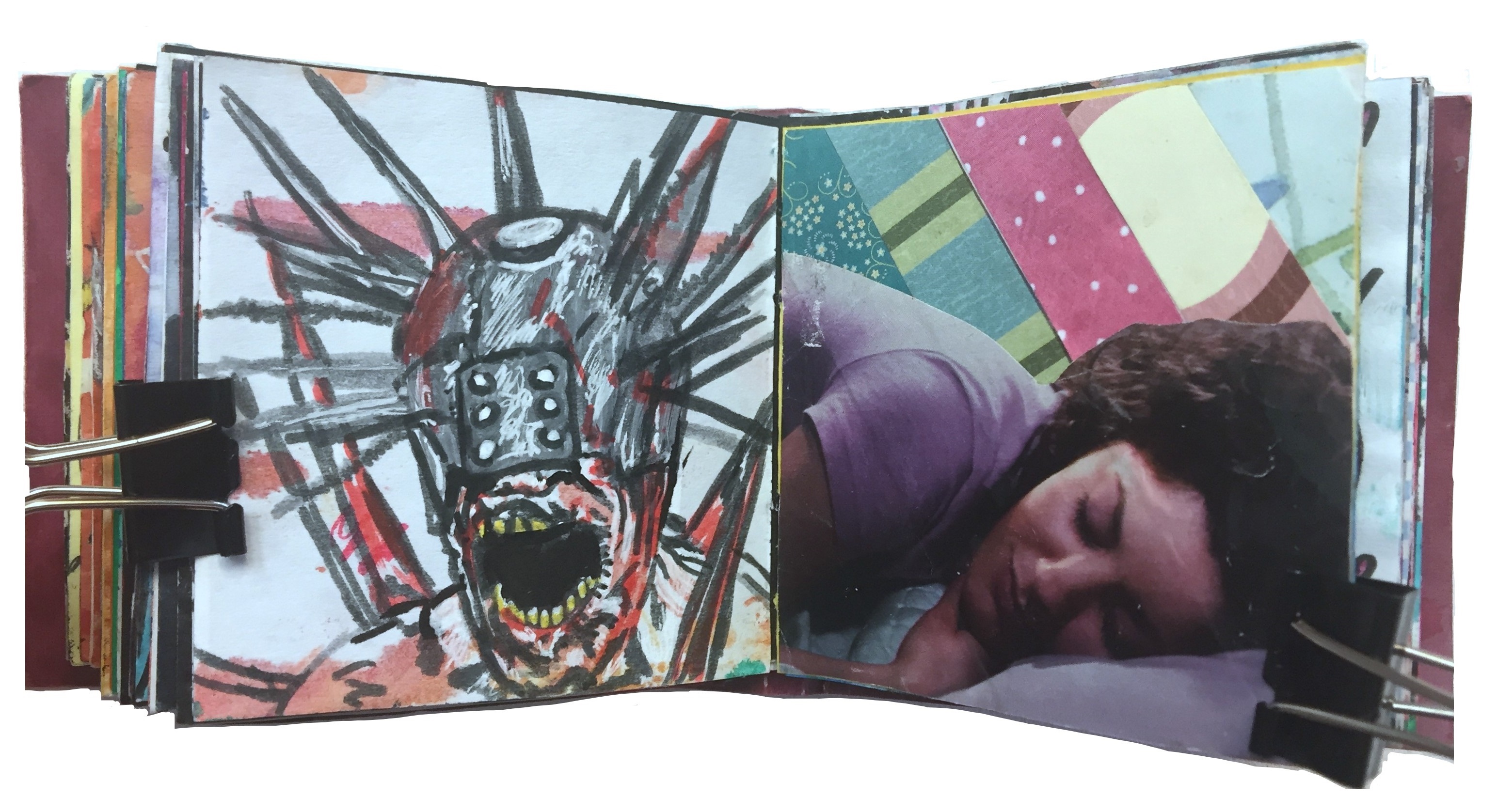 Day 51/365 of Year of Creative Habits. A mixed media art journal illustration of zombie, Winslow, from The Walking Dead and a collage of a woman sleeping.