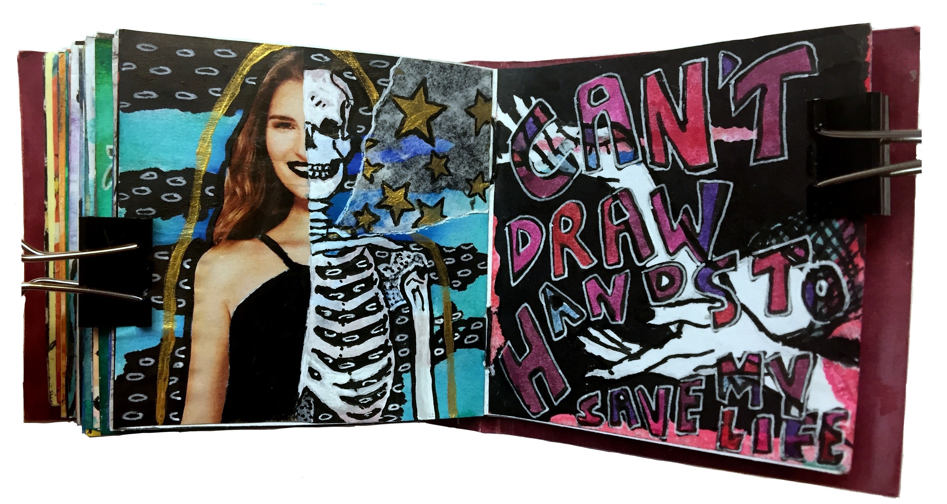 Days 68 and 69/365 of Year of Creative Habits. A mixed media art journal illustration of a woman with half of her skeleton exposed and bad drawings of hands for the emBODY challenge.