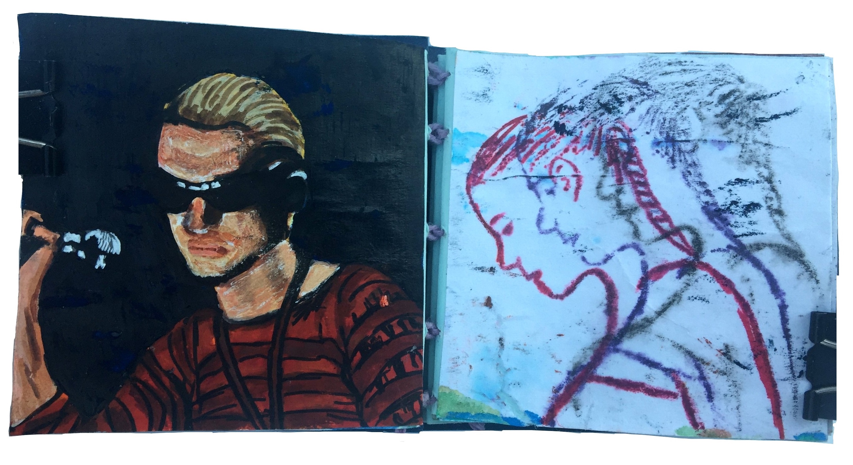 Day 95 and 96a/365 of Year of Creative Habits. A mixed media post-it art journal illustration of Layne Staley from the band Alice in Chains and a drawing of a double exposed woman looking down.