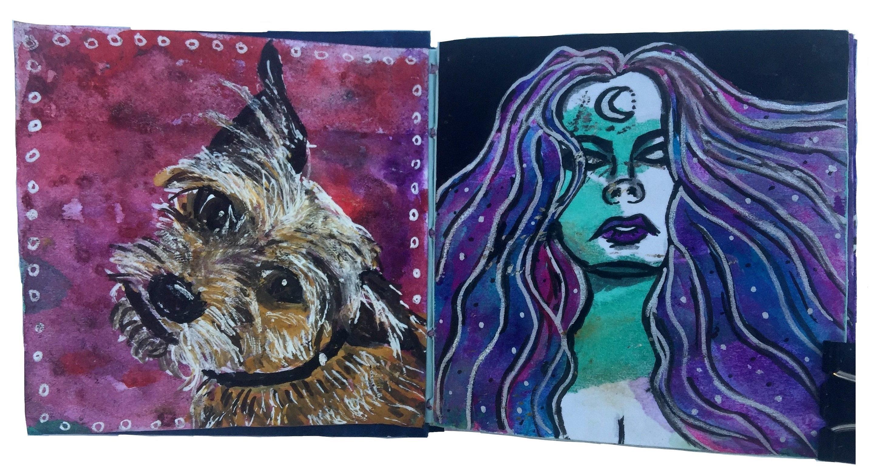 Days 78 and 79/365 of Year of Creative Habits. A mixed media post-it art journal illustration of a cute dog and a galactic version of myself (got a little smudged over time).