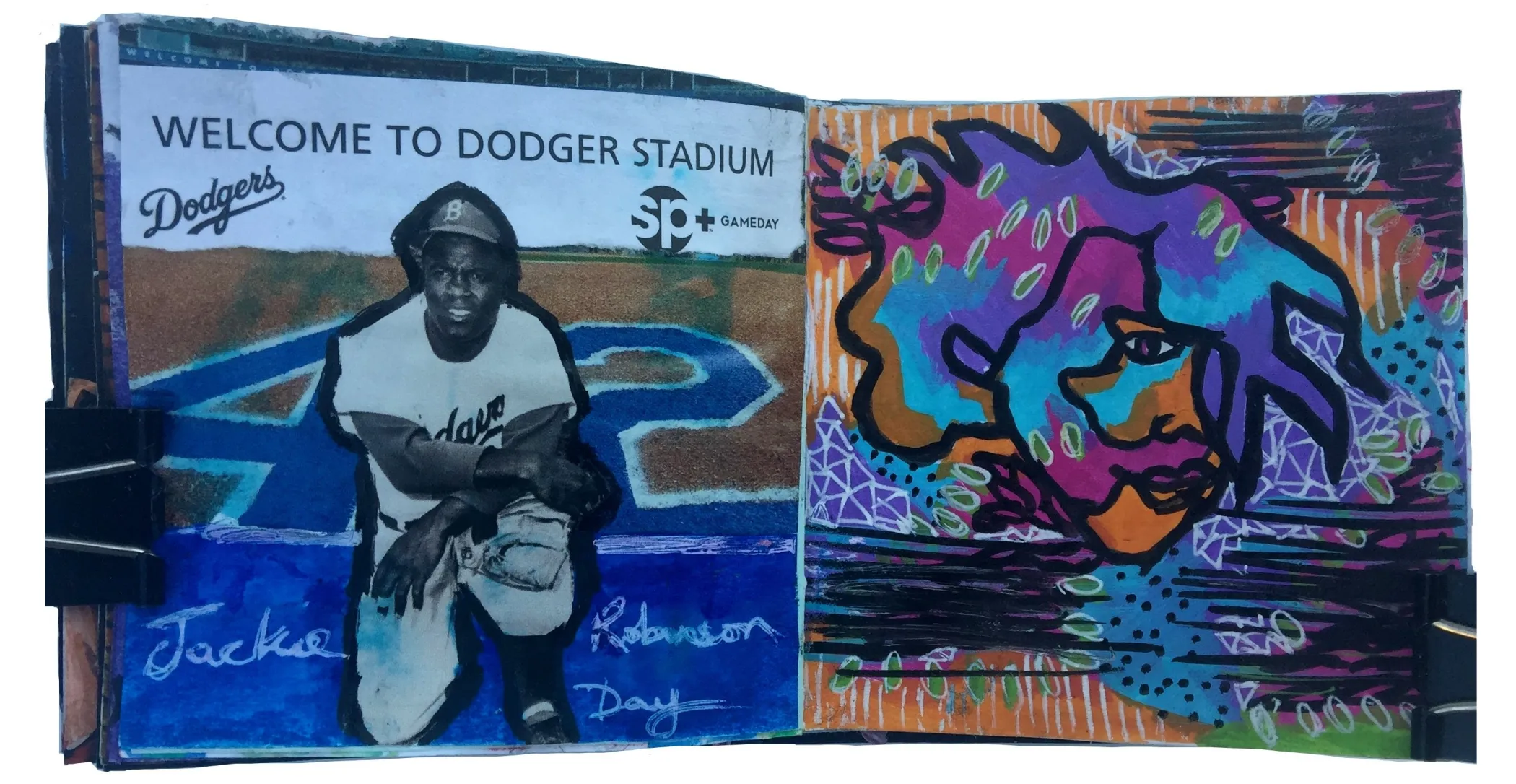 Day 105 and 106/365 of Year of Creative Habits. A mixed media post-it art journal collage of Jackie Robinson of the Los Angeles Dodgers (we went to a game on Jackie Robinson Day) and a doodle of a blind contoured woman.