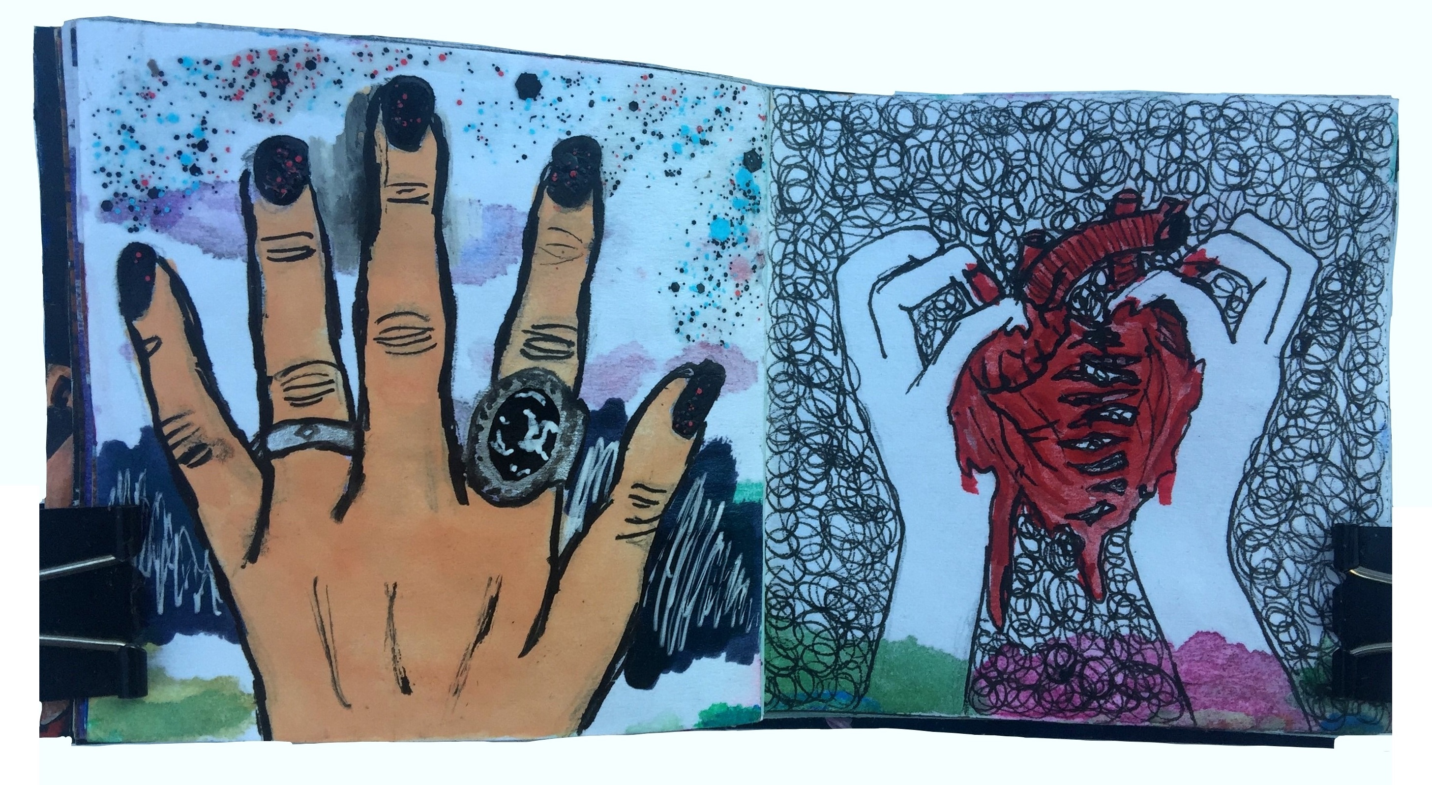 Days 107 and 108/365 of Year of Creative Habits. A mixed media post-it art journal illustration of a hand with rings and a scribbled drawing of hands tearing apart an anatomical heart.