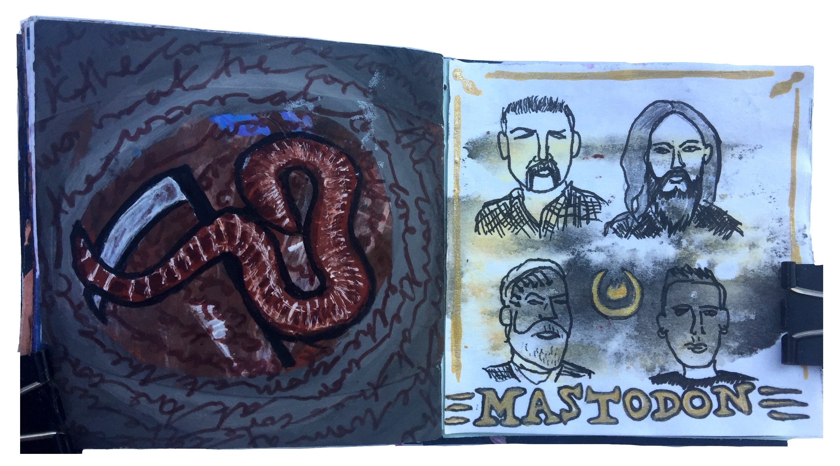 Day 109 and 110/365 of Year of Creative Habits. A mixed media post-it art journal illustration of the worm at the core and blind contour drawings of Bill, Troy, Brent, and Brann from the band Mastodon (quickly drawn in a bar before I saw them live).