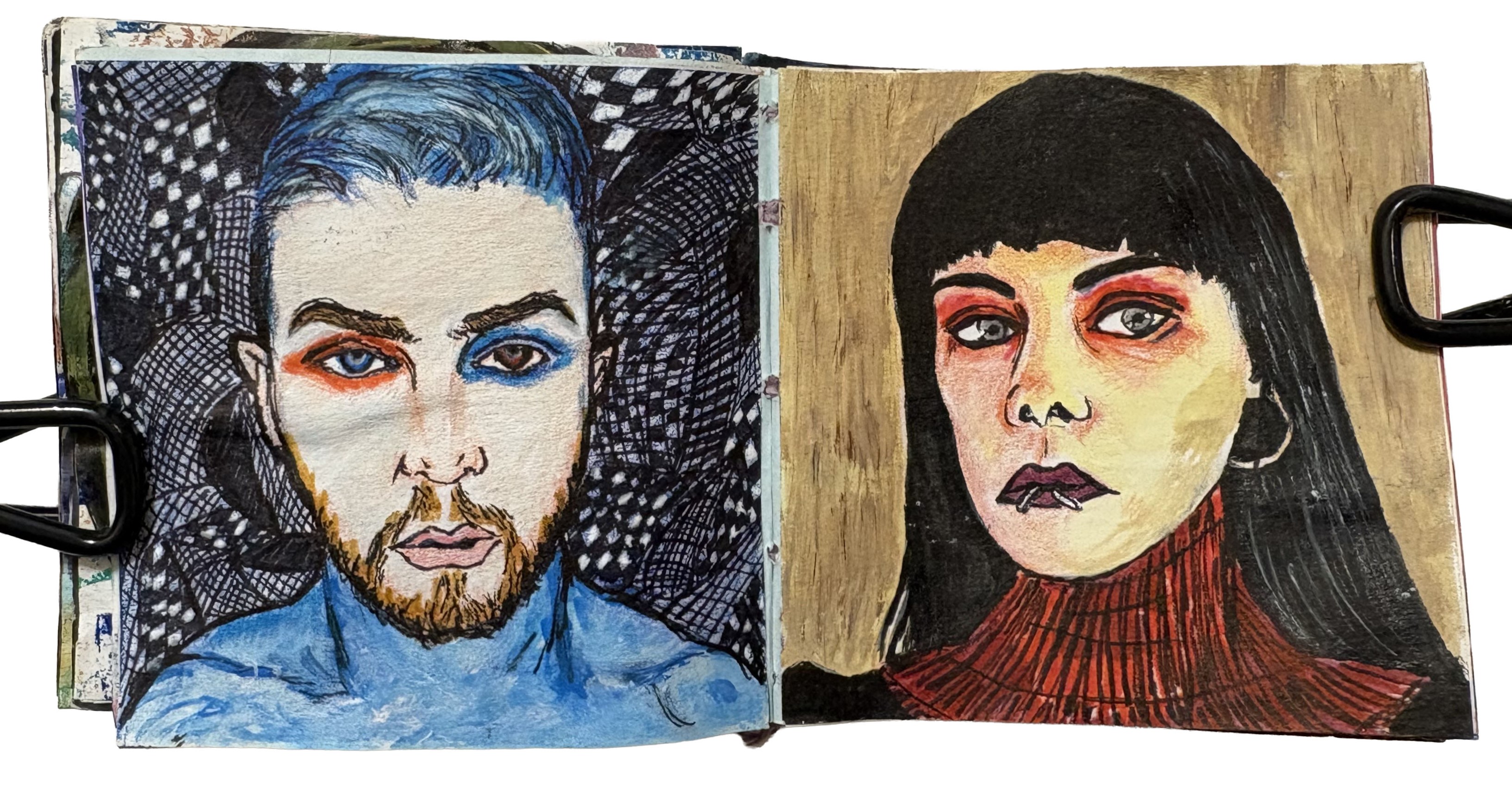 Portraits drawn from the Sktchy app on post-its. The first portrait is of a man with blue hair and red/blue eye make up against a doodles black and white background. Thhe second portrait is a goth woman with snake bite piercings.