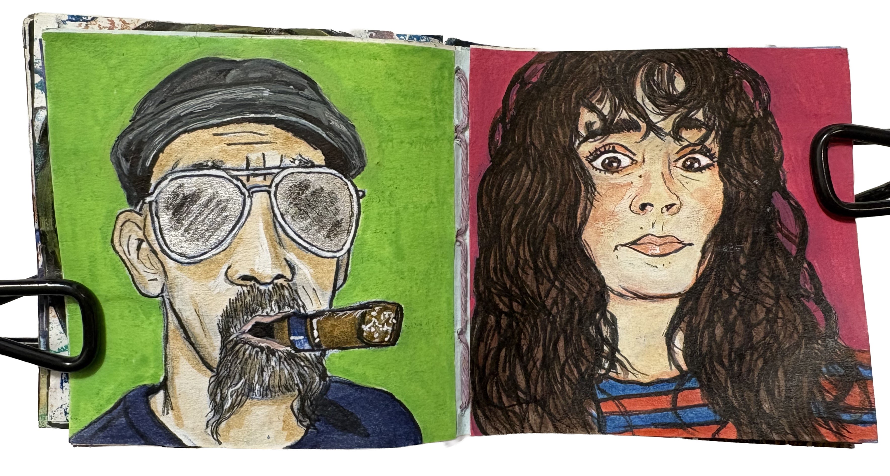 Portraits drawn from the Sktchy app on post-its. The first portrait is of a man in a flat cap and sunglasses with a cigar in his mouth. The second portrait is of a brown haired woman in a striped top looking surprised or embarrassed.