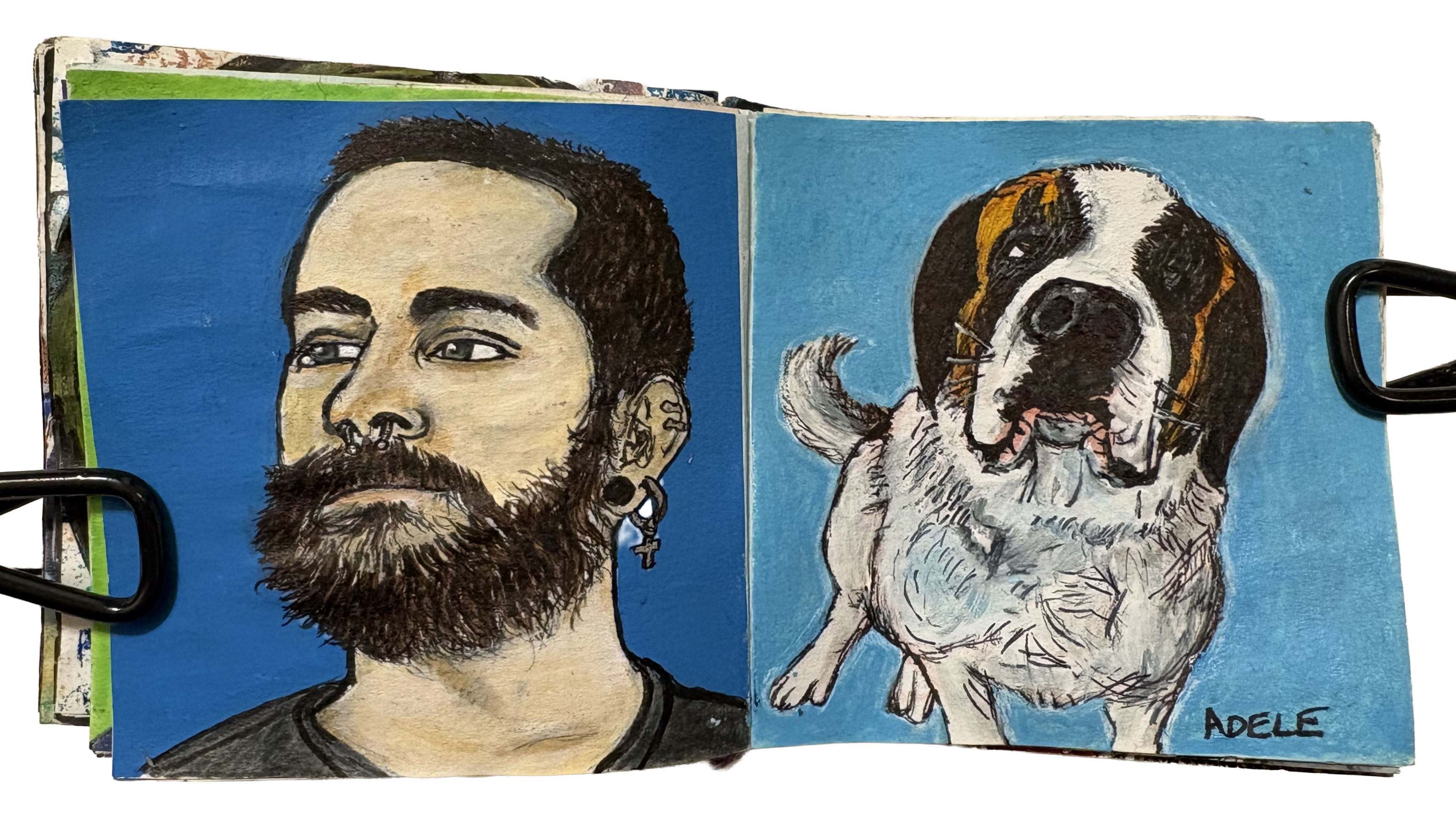 Portraits drawn from the Sktchy app on post-its. The first portrait is of a bearded man with piercings looking into the distance. The second portrait is of a cute St. Bernard dog.