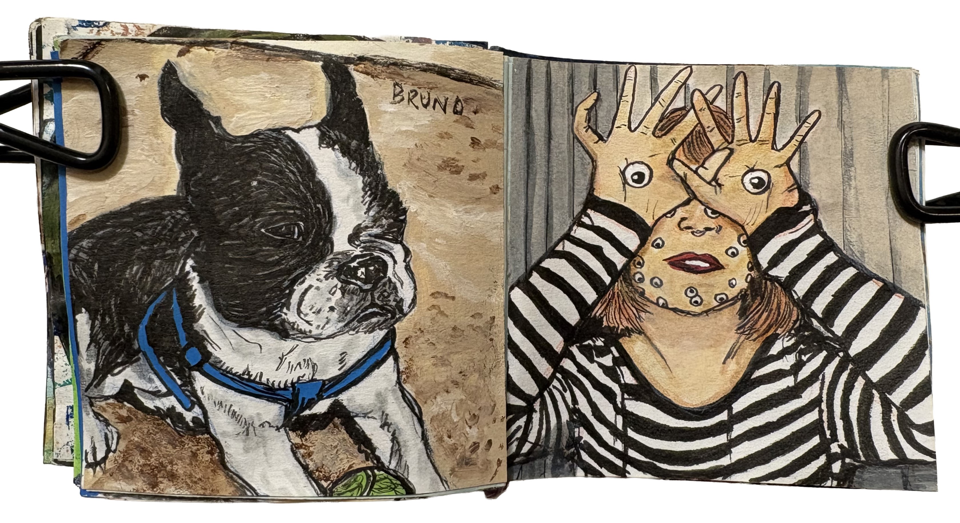 Portraits drawn from the Sktchy app on post-its. The first portrait is of a black and white french bulldog. The second portrait is of a woman in a stripey shirt with googly eyes on the palm of her hands being held up as her eyes.