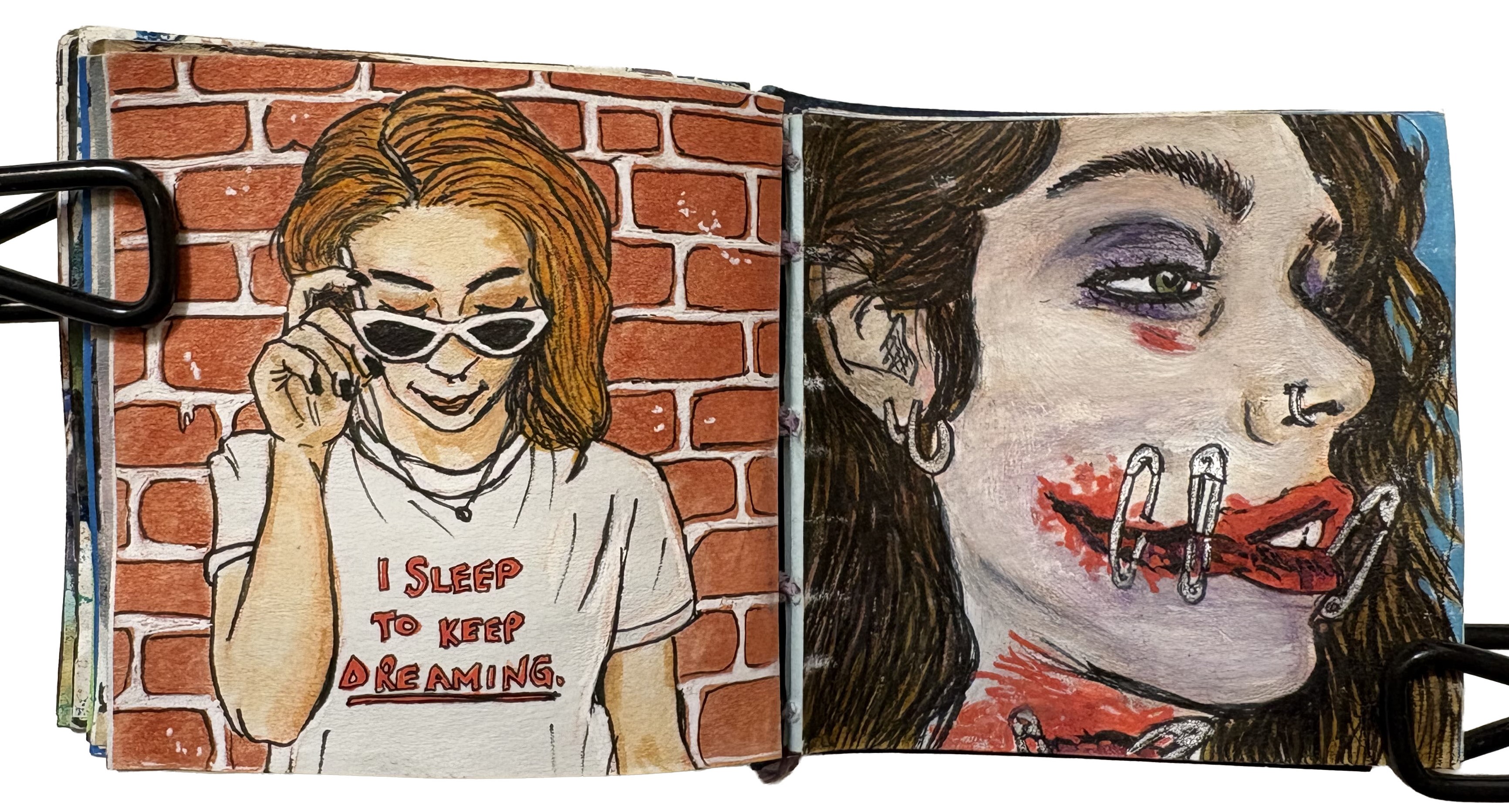 Portraits drawn from the Sktchy app on post-its. The first portrait is of a redhaired woman against a brickwall looking down in sunglasses with the words I sleep to keep dreaming on her shirt. The second portrait is of a woman with gory prosthetic makeup including a slit mouth with safety pins keeping it together and a black eye.