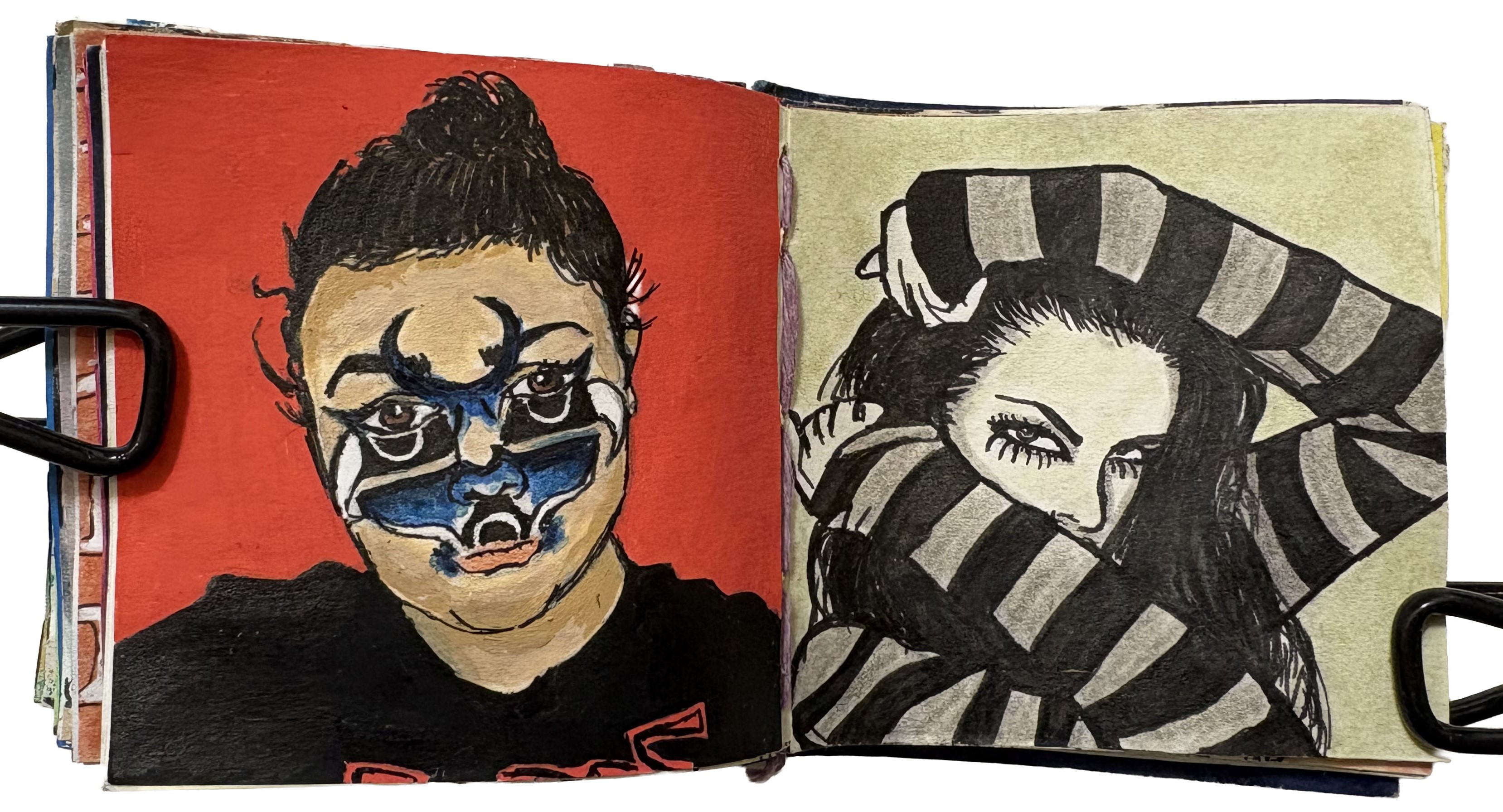 Portraits drawn from the Sktchy app on post-its. The first portrait is of a woman with face paint and a woman with long lashes in a stripey sweater. Photo references are beccawut and kristen_aubin via Sktchy.