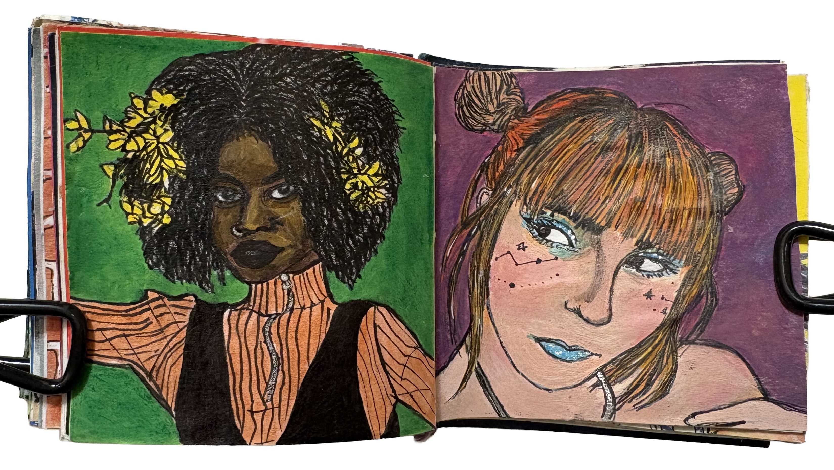 Portraits drawn from the Sktchy app on post-its. The first portrait is of a woman with flowers in her hair and the second portrait is a redraw of a woman with space buns.