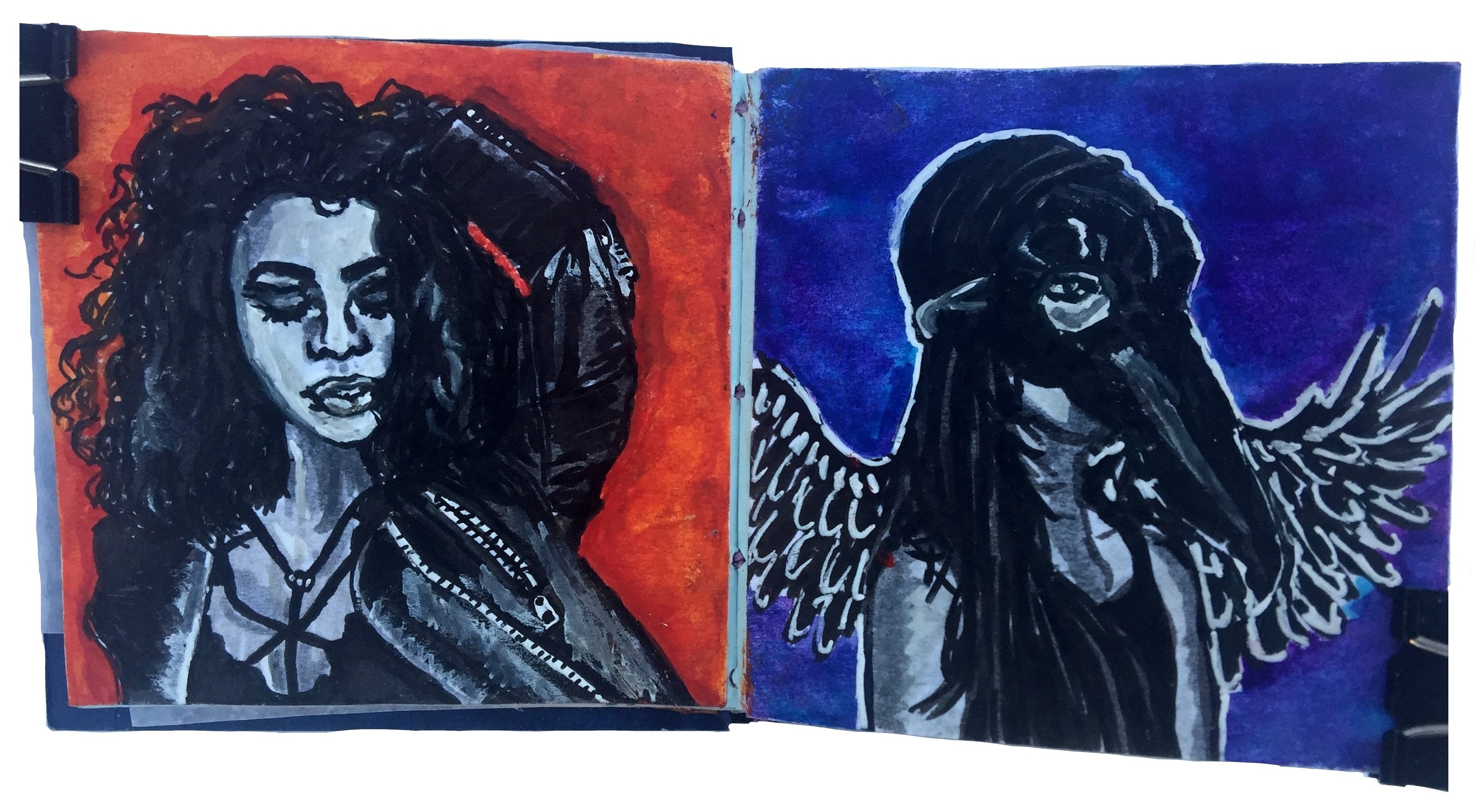 Days 82 and 83/365 of Year of Creative Habits. Mixed media post-it art journal illustrations of women from Sktchy with one woman in a leather jacket and another woman with a bird mask and wings.
